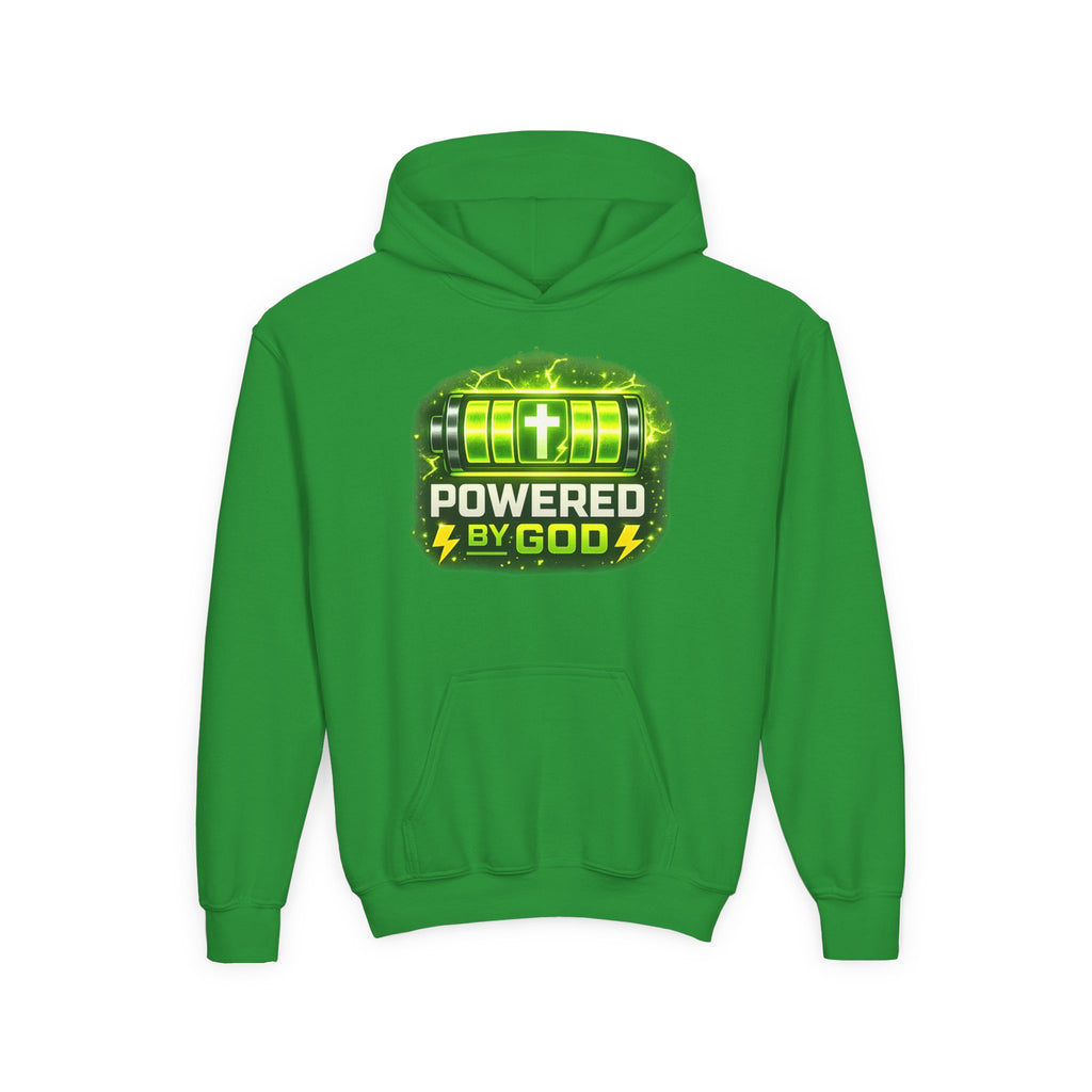 Youth Hoodie — "Powered by God" Green Battery Christian Sweatshirt
