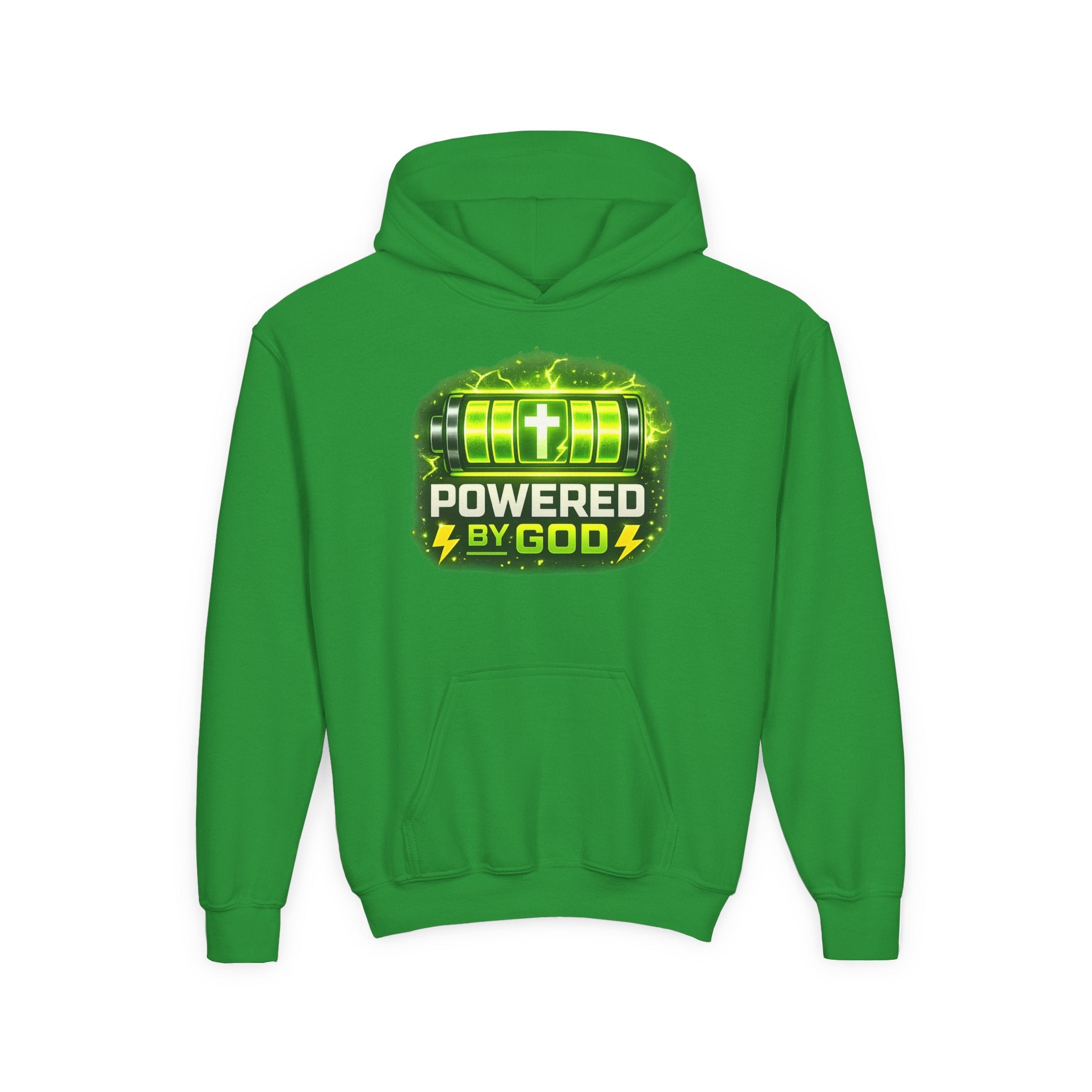 Youth Hoodie — "Powered by God" Green Battery Christian Sweatshirt