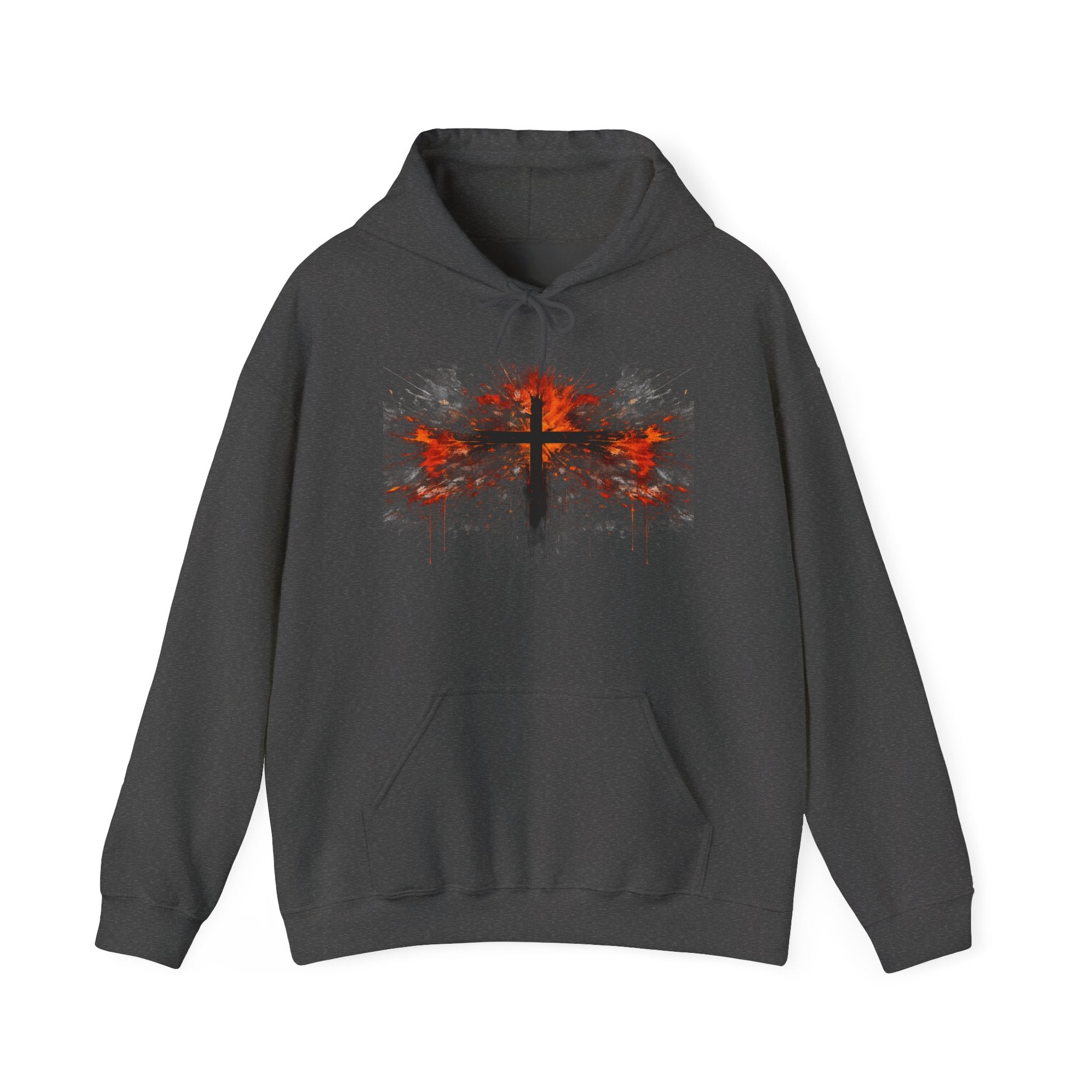 Mens Christian Cross Hoodie — Grunge Red & Black Faith Pullover
