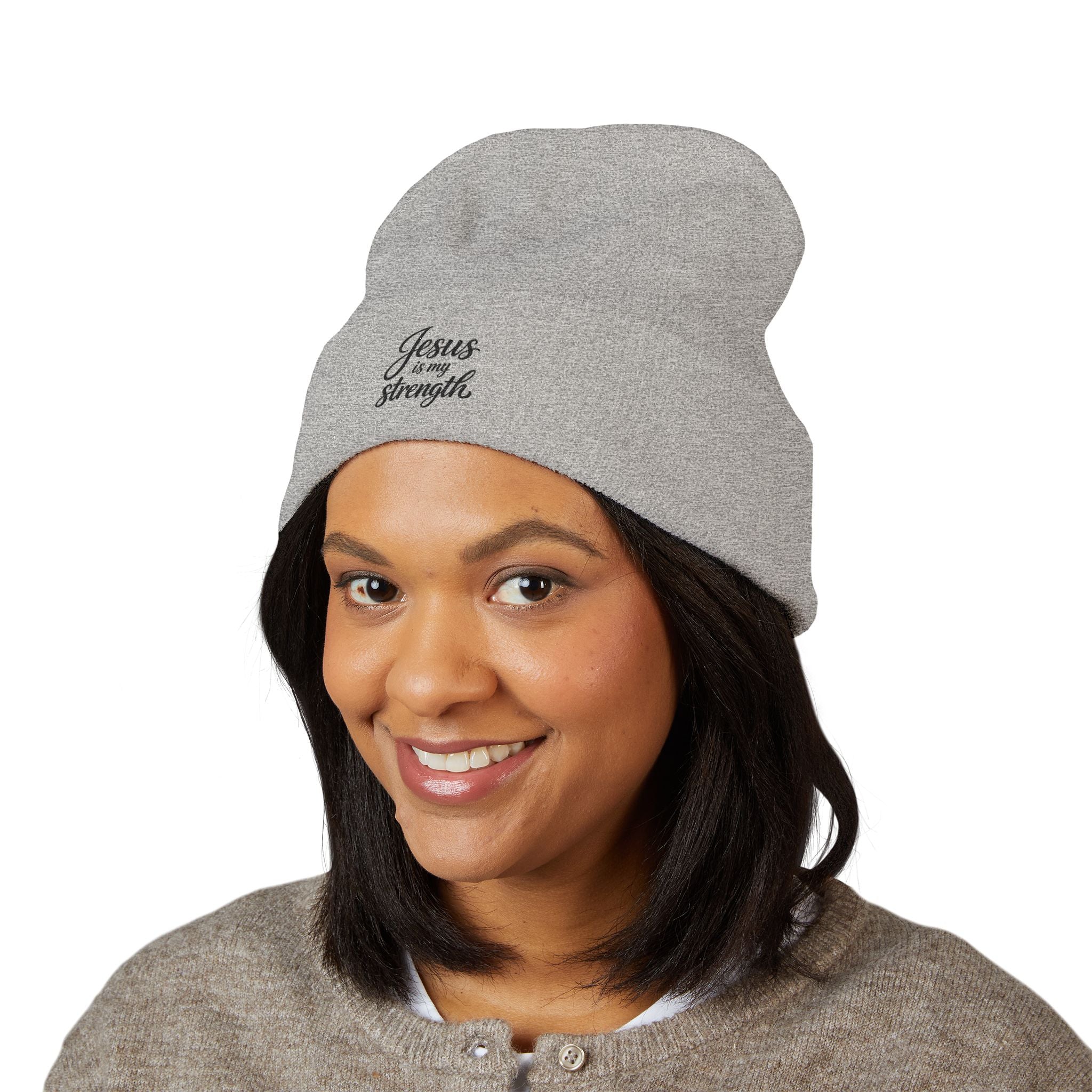Embroidered 'Jesus Is My Strength' Cuffed Beanie