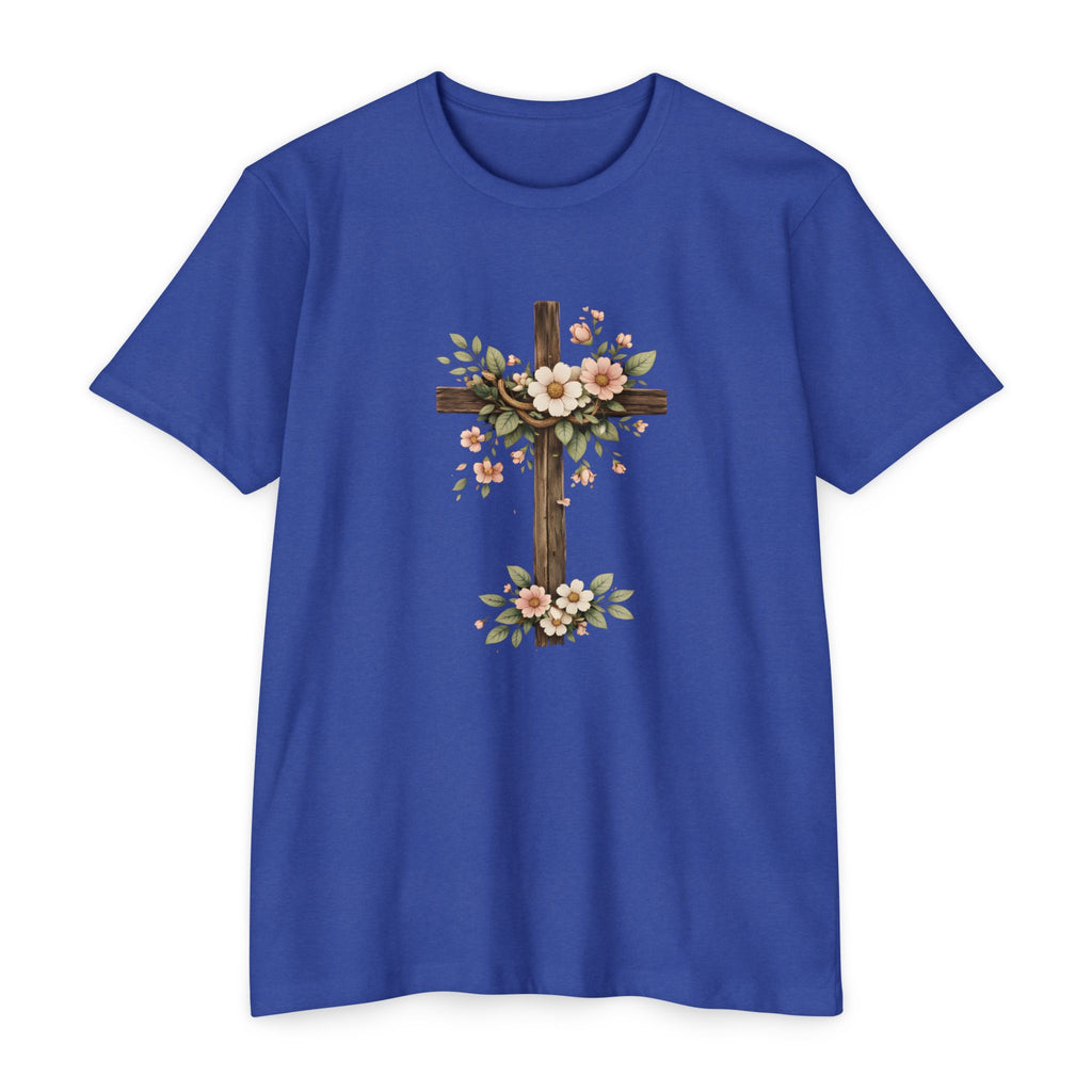 Womens Floral Cross T-Shirt — Rustic Christian Tee for Easter & Church