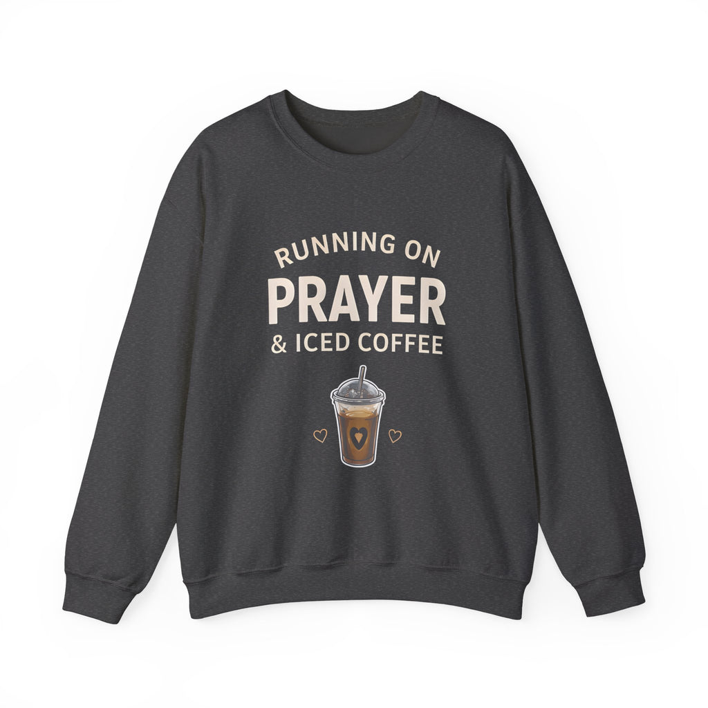 Womens Sweatshirt – "Running on Prayer & Iced Coffee" Crewneck
