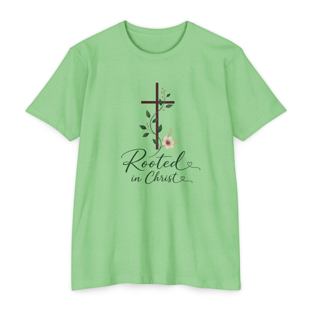 Womens Rooted in Christ Bible and Cross T-shirt | Christian Faith Tee