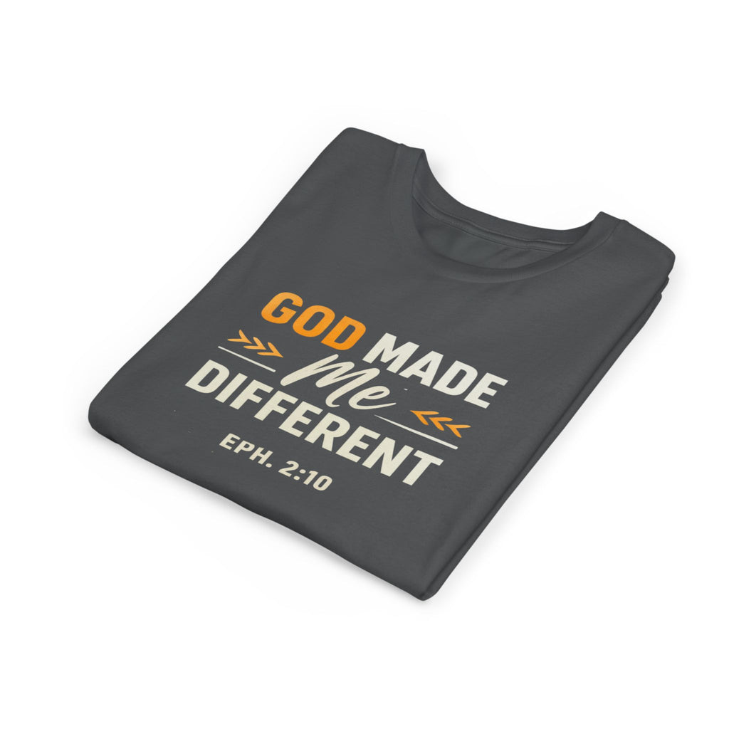 Girls Youth Tee – "God Made Me Different" Christian Kids T‑Shirt (Eph. 2:10)