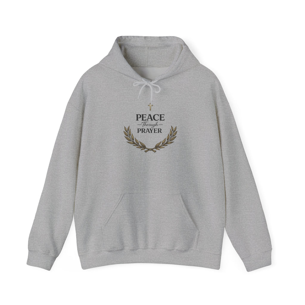 Mens Hoodie "Peace Through Prayer" Religious Laurel Cross Hoodie