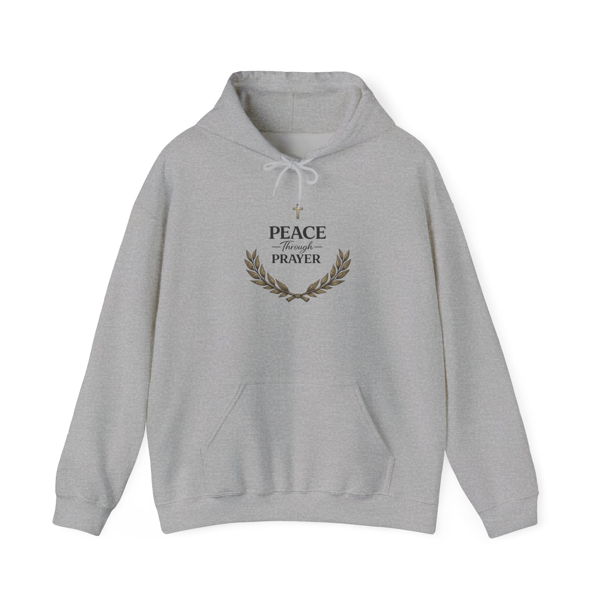 Mens Hoodie "Peace Through Prayer" Religious Laurel Cross Hoodie