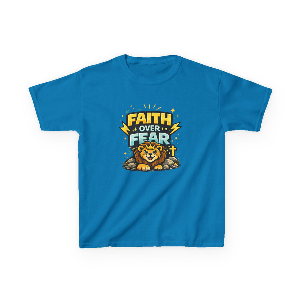 Kids Tee — "Faith Over Fear" Lion Graphic Christian Shirt