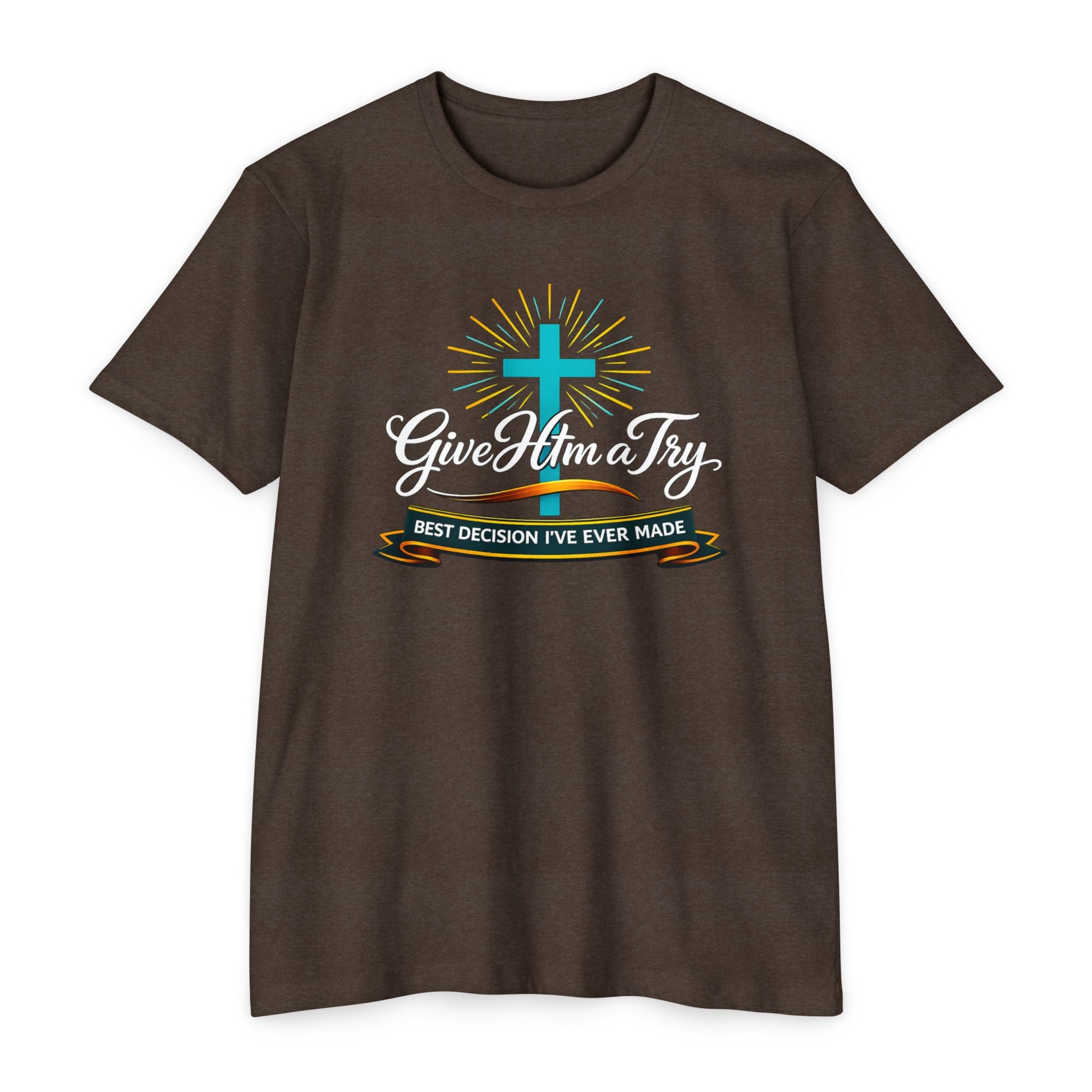 Womens Give Him a Try cross design T-Shirt | Christian faith shirt