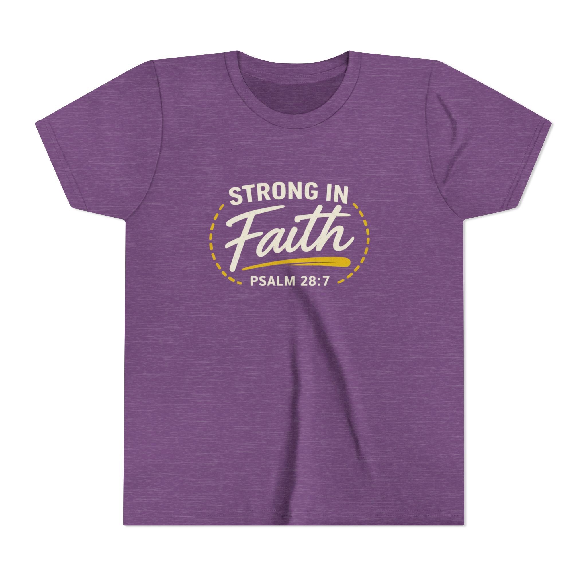 Youth Tee — "Strong in Faith" Psalm 28:7 Christian Kids T‑Shirt