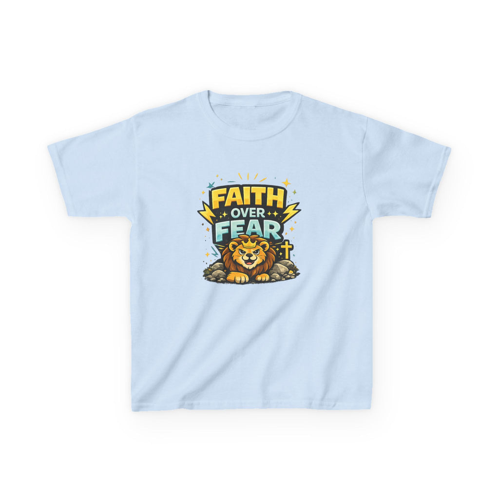 Kids Tee — "Faith Over Fear" Lion Graphic Christian Shirt