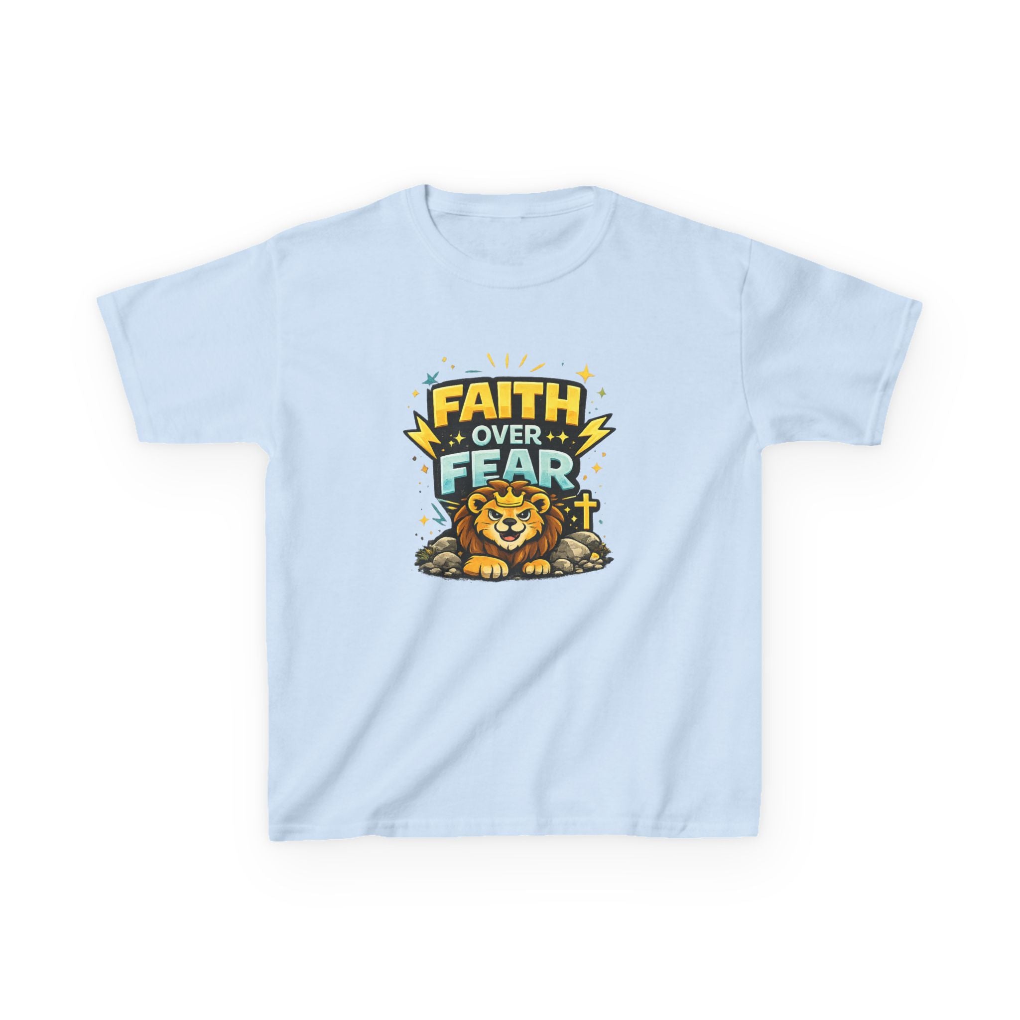 Kids Tee — "Faith Over Fear" Lion Graphic Christian Shirt