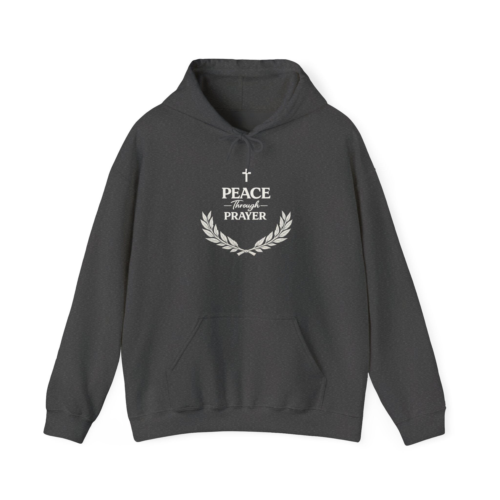 Mens Hoodie "Peace Through Prayer" Religious Laurel Cross Hoodie