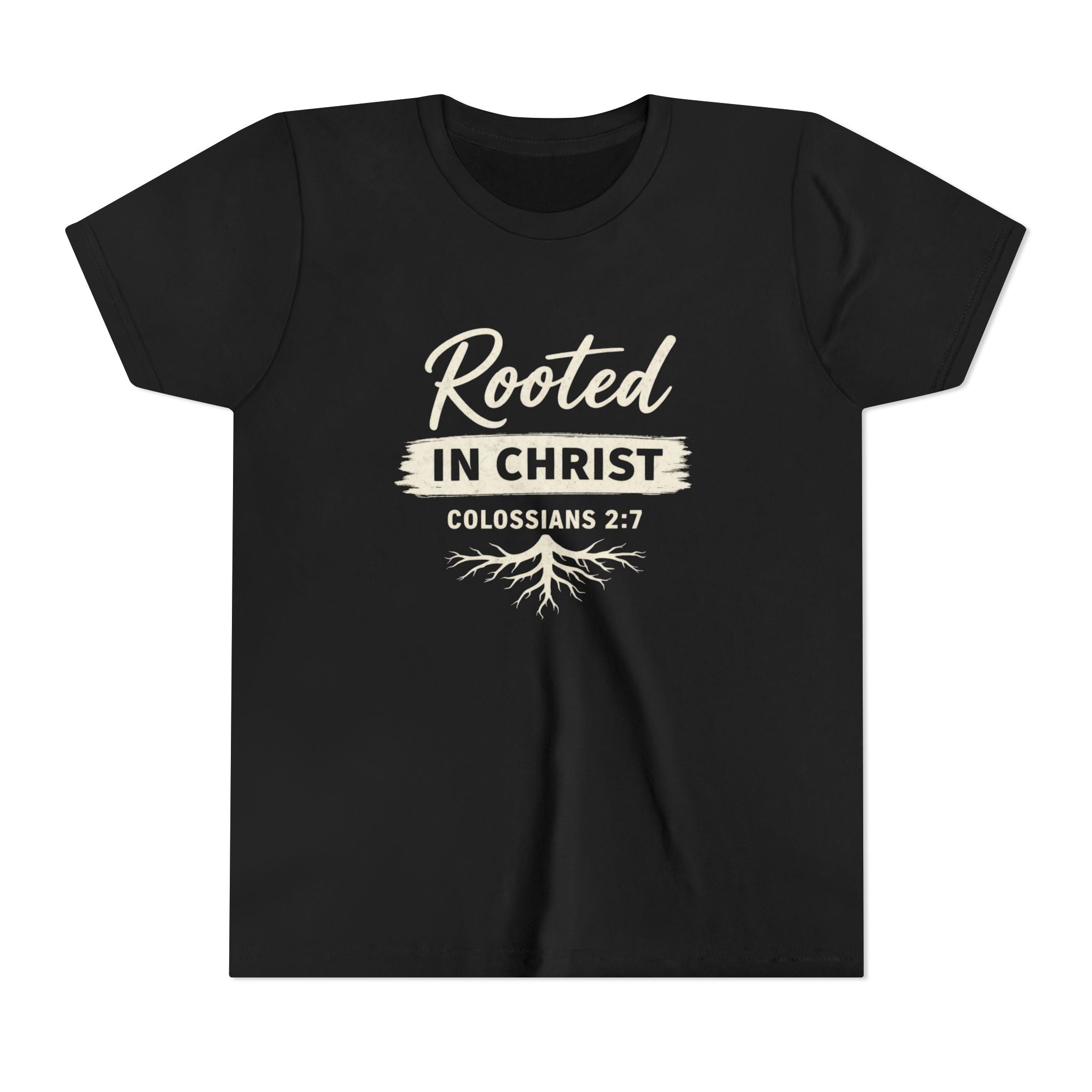 Boys Youth Tee - "Rooted in Christ" Colossians 2:7 Christian Kids Shirt