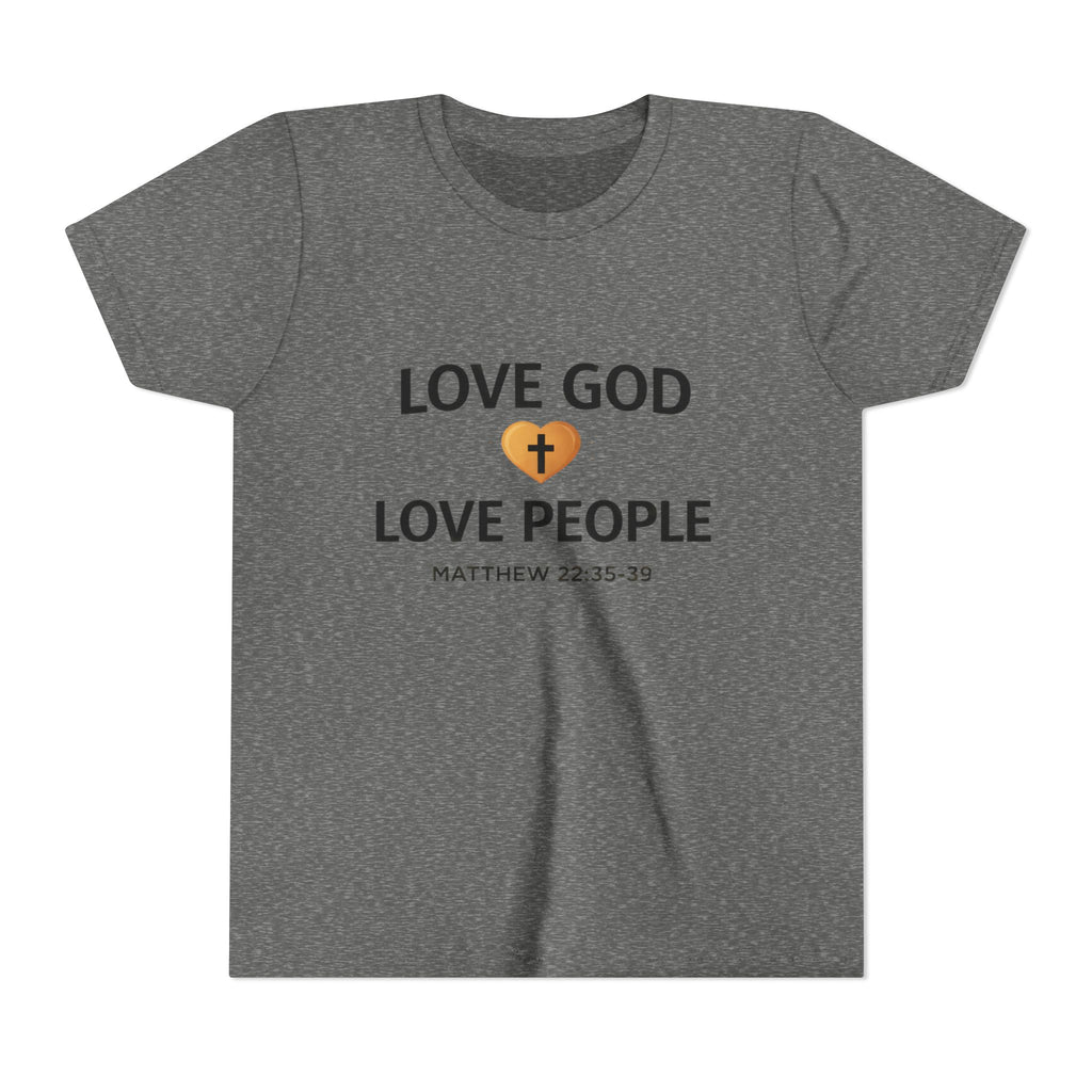 Boys Youth Tee — "Love God Love People" Bible Verse Matthew 22:37-39 Christian Kids Shirt