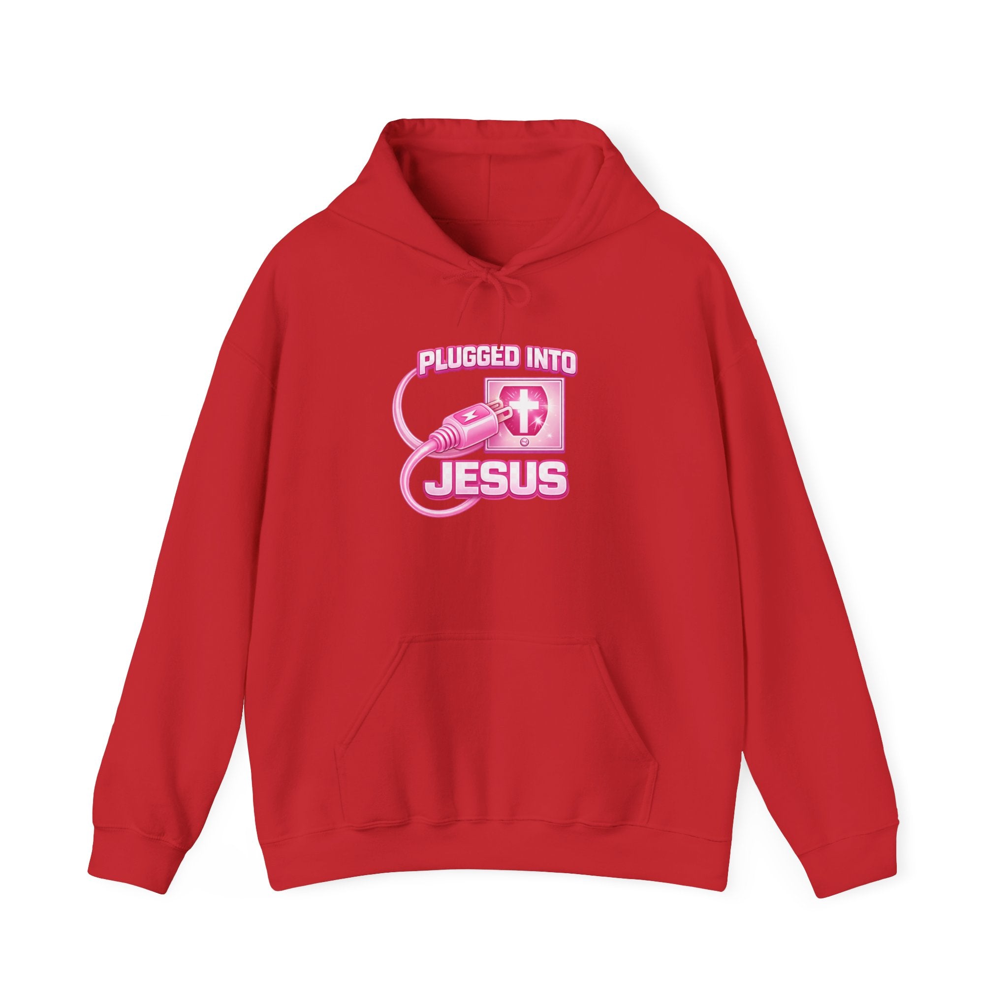 Plugged Into Jesus Hoodie — Pink Christian Faith Graphic Sweatshirt