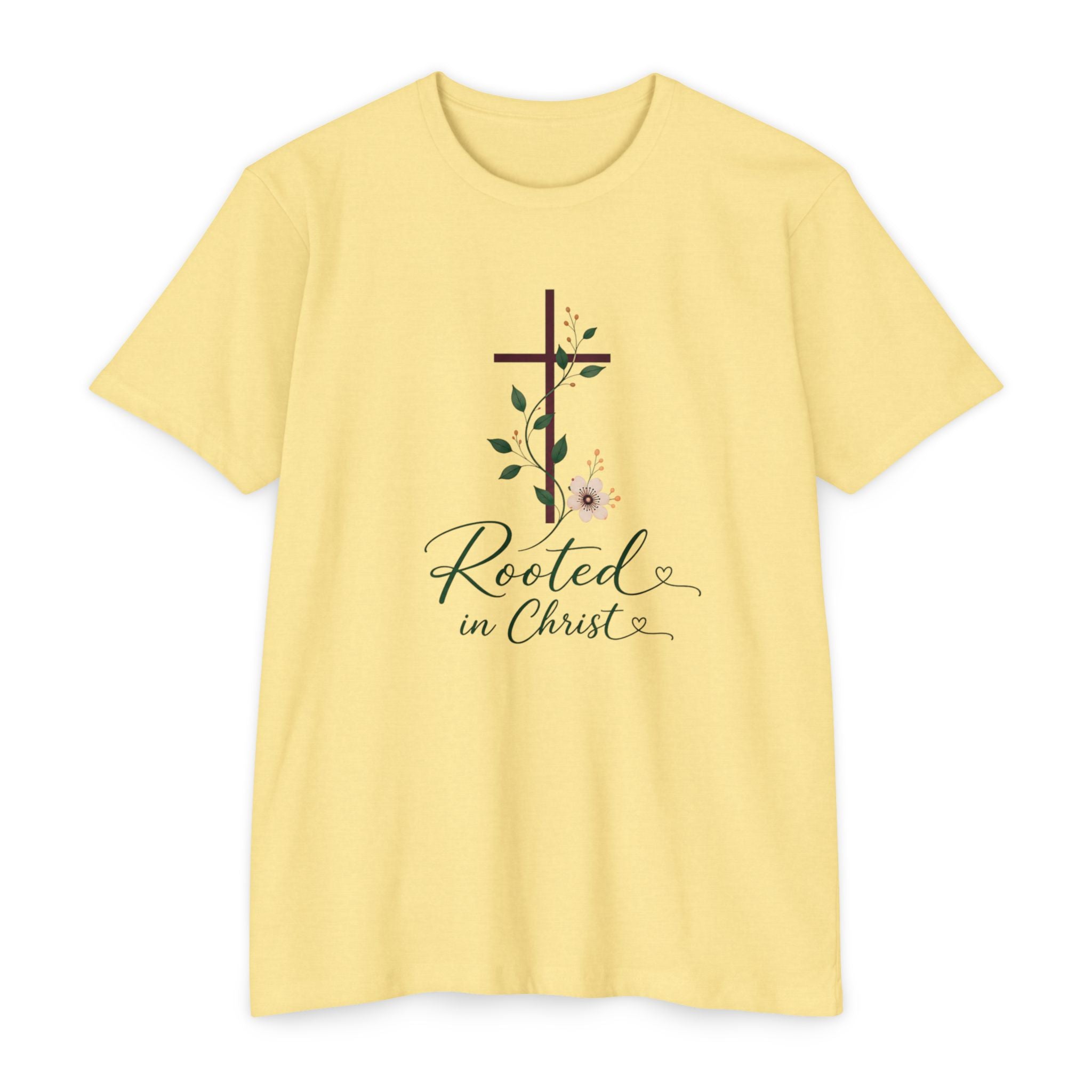 Womens Rooted in Christ Bible and Cross T-shirt | Christian Faith Tee