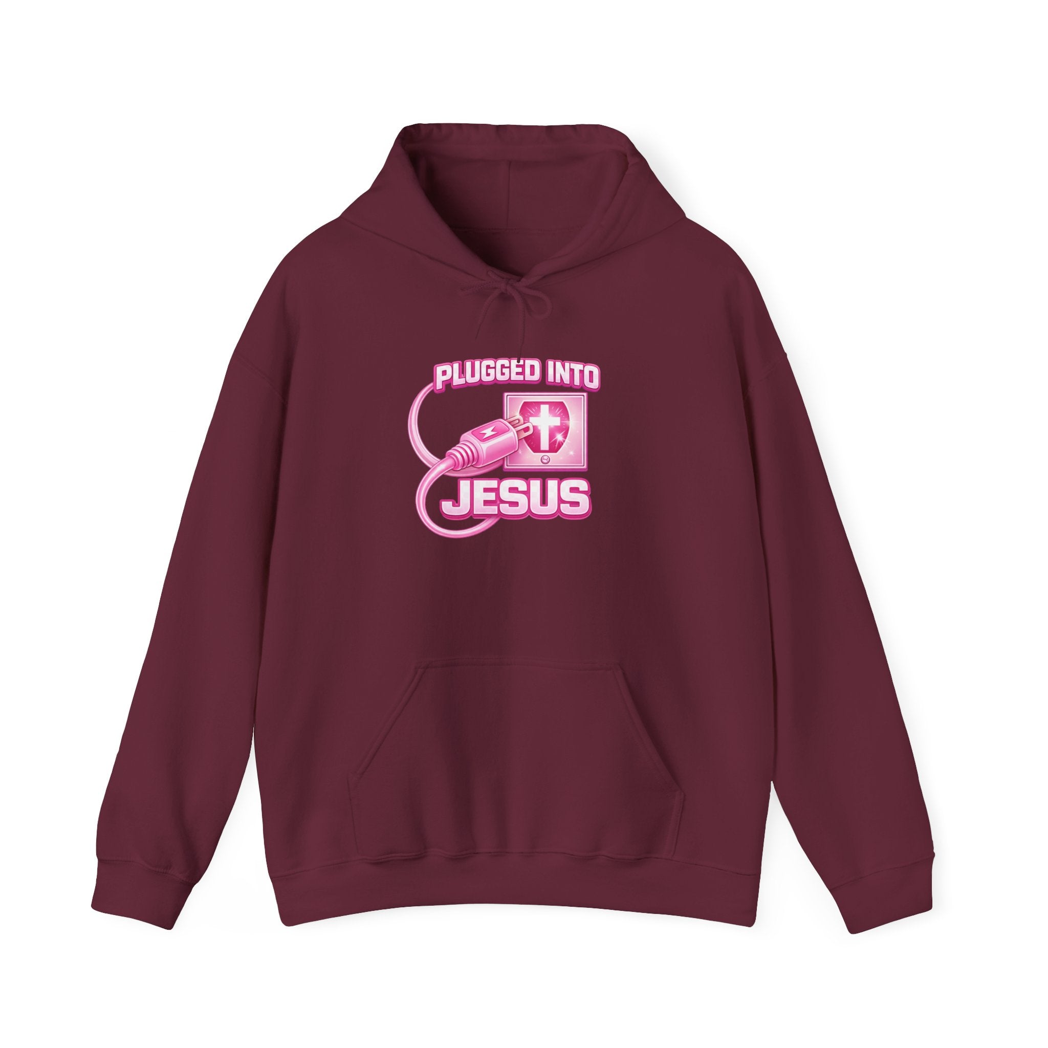 Plugged Into Jesus Hoodie — Pink Christian Faith Graphic Sweatshirt