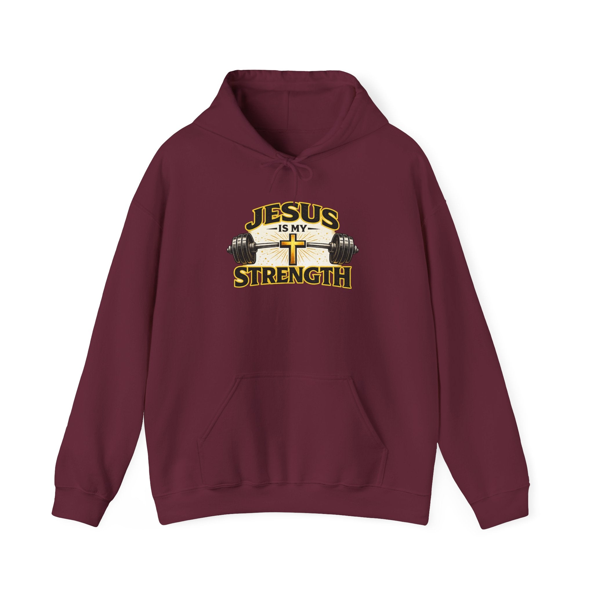 Mens Jesus Is My Strength Hoodie — Christian Faith Cross & Barbell Pullover