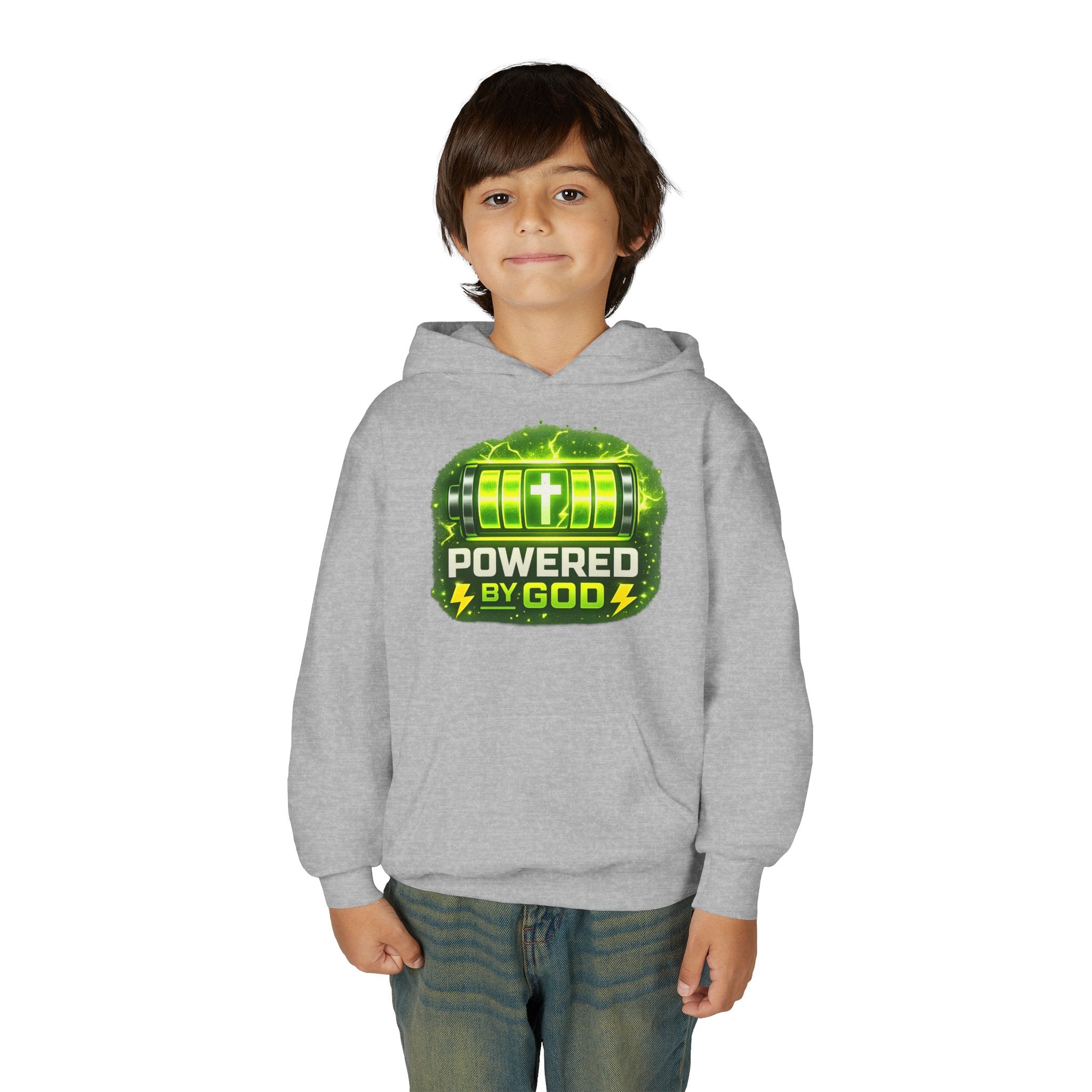 Youth Hoodie — "Powered by God" Green Battery Christian Sweatshirt