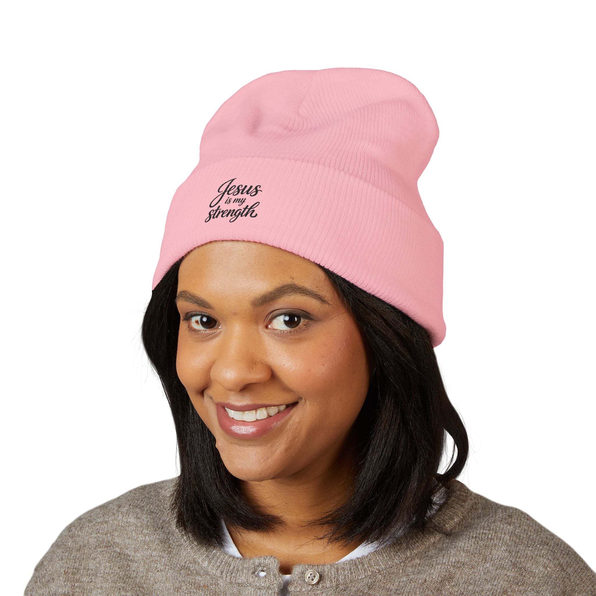Embroidered 'Jesus Is My Strength' Cuffed Beanie