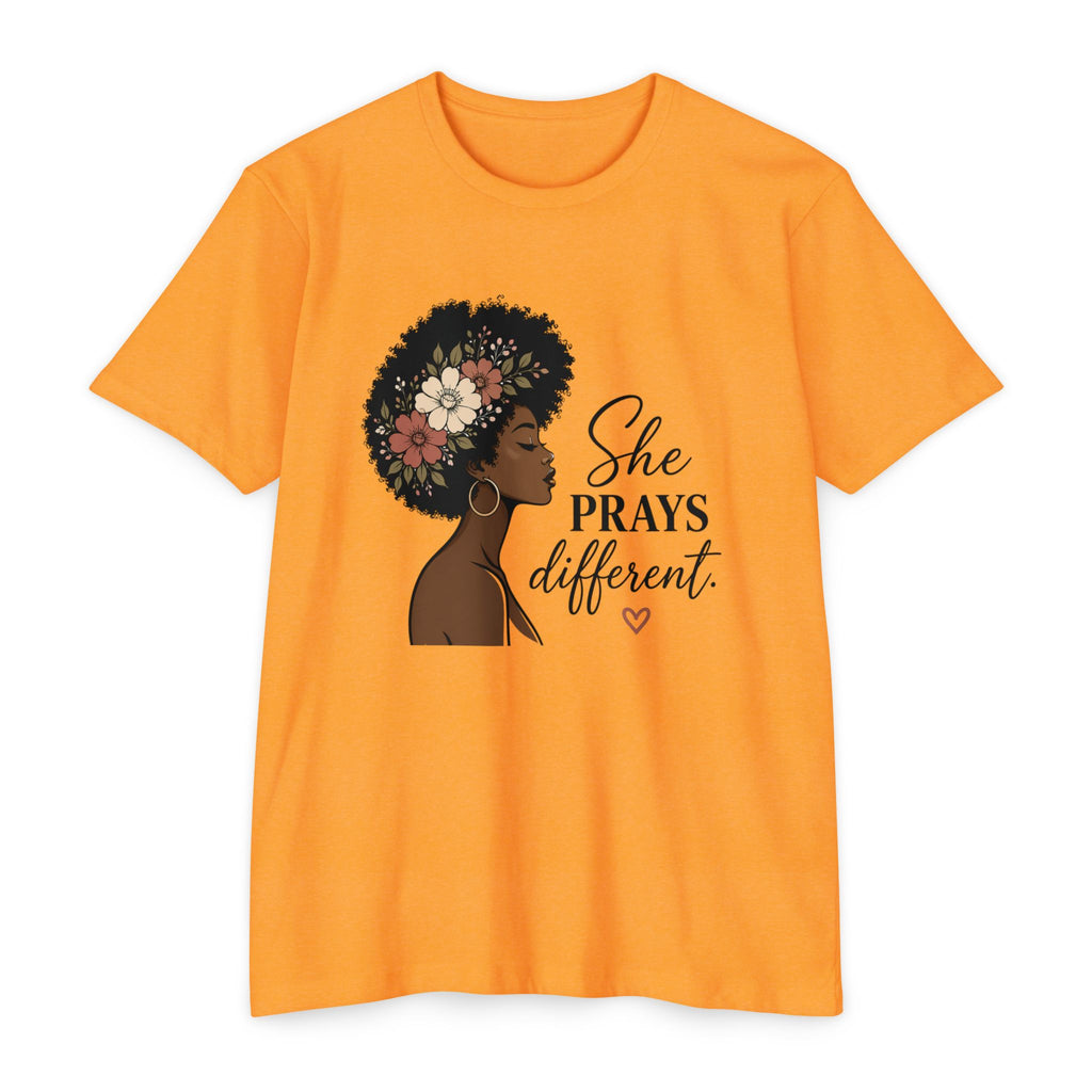 She Prays Different T-Shirt — Floral Afro Woman Inspirational Christian Tee