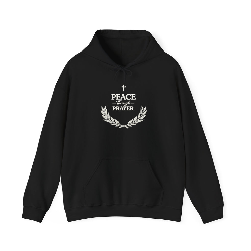Mens Hoodie "Peace Through Prayer" Religious Laurel Cross Hoodie
