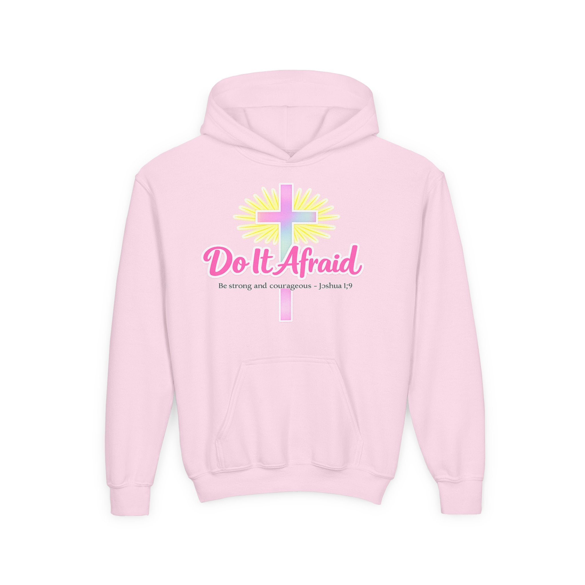 Youth Hoodie — "Do It Afraid" Christian Cross Inspirational Sweatshirt (Joshua 1:9)