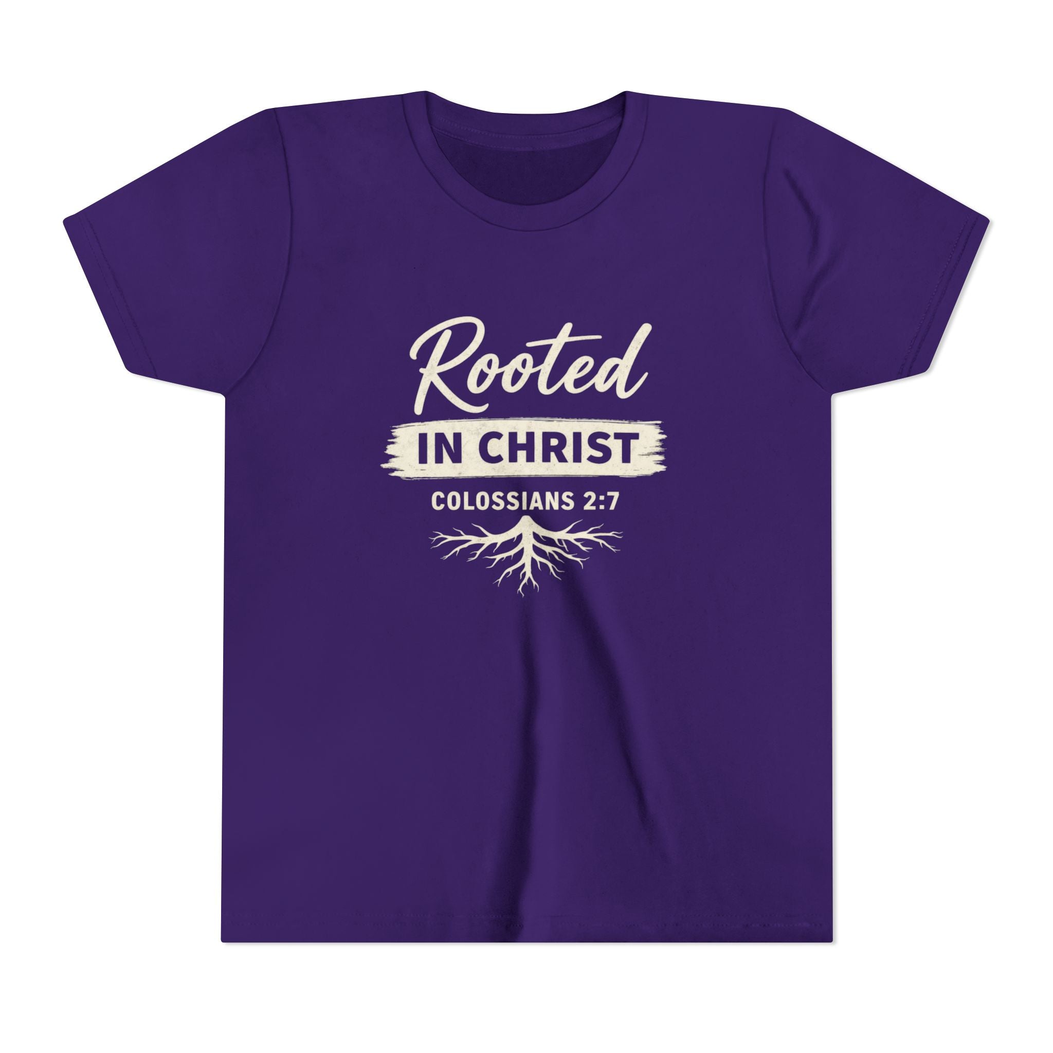 Girls Youth Tee - "Rooted in Christ" Colossians 2:7 Christian Kids Shirt