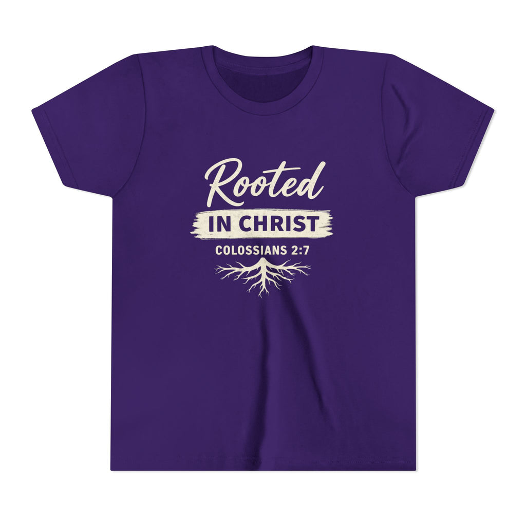 Boys Youth Tee - "Rooted in Christ" Colossians 2:7 Christian Kids Shirt