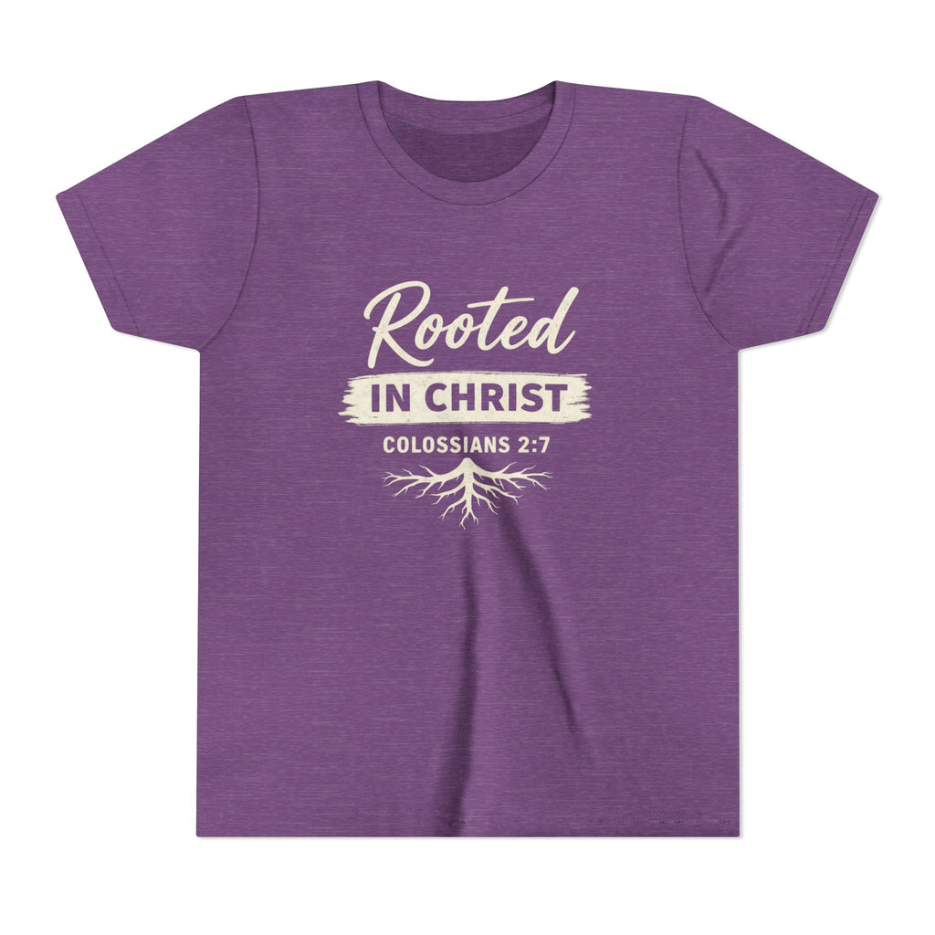 Girls Youth Tee - "Rooted in Christ" Colossians 2:7 Christian Kids Shirt
