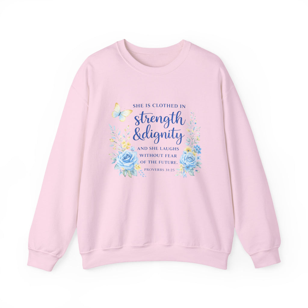 Womens Strength & Dignity Crewneck Sweatshirt — Inspirational Floral Scripture Design