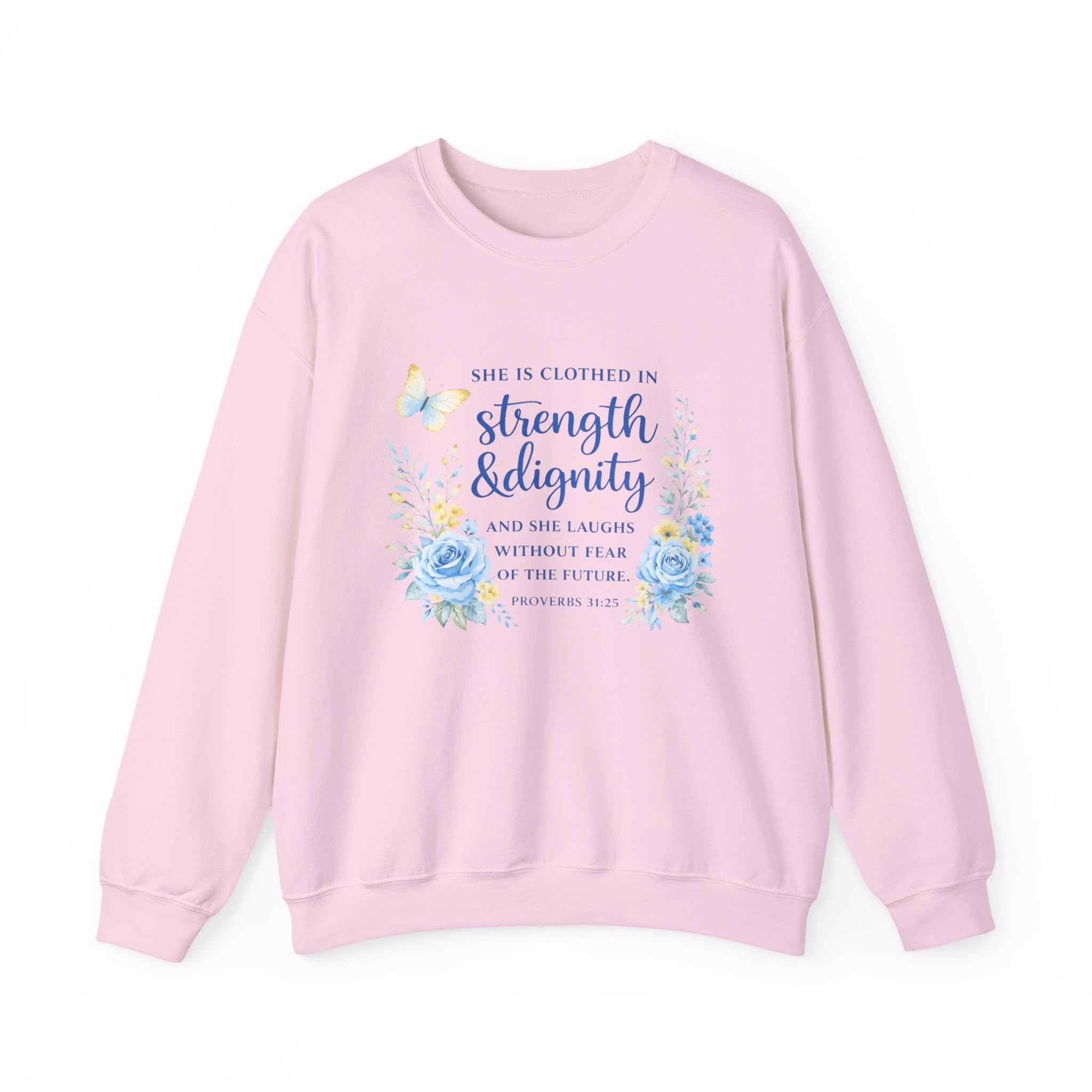 Womens Strength & Dignity Crewneck Sweatshirt — Inspirational Floral Scripture Design