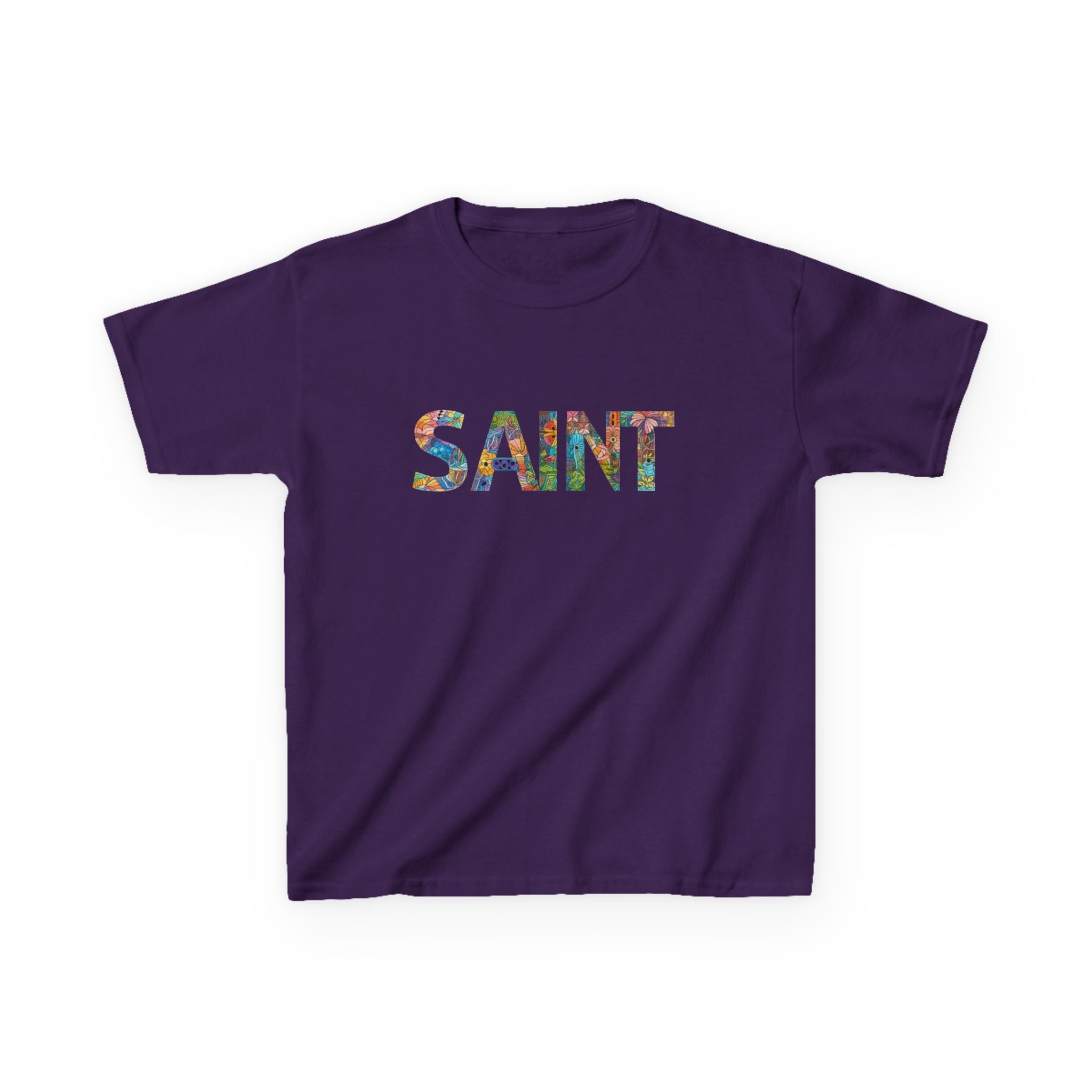 Girls Saint Kids T‑Shirt — Colorful Patterned Lettering Tee for Children