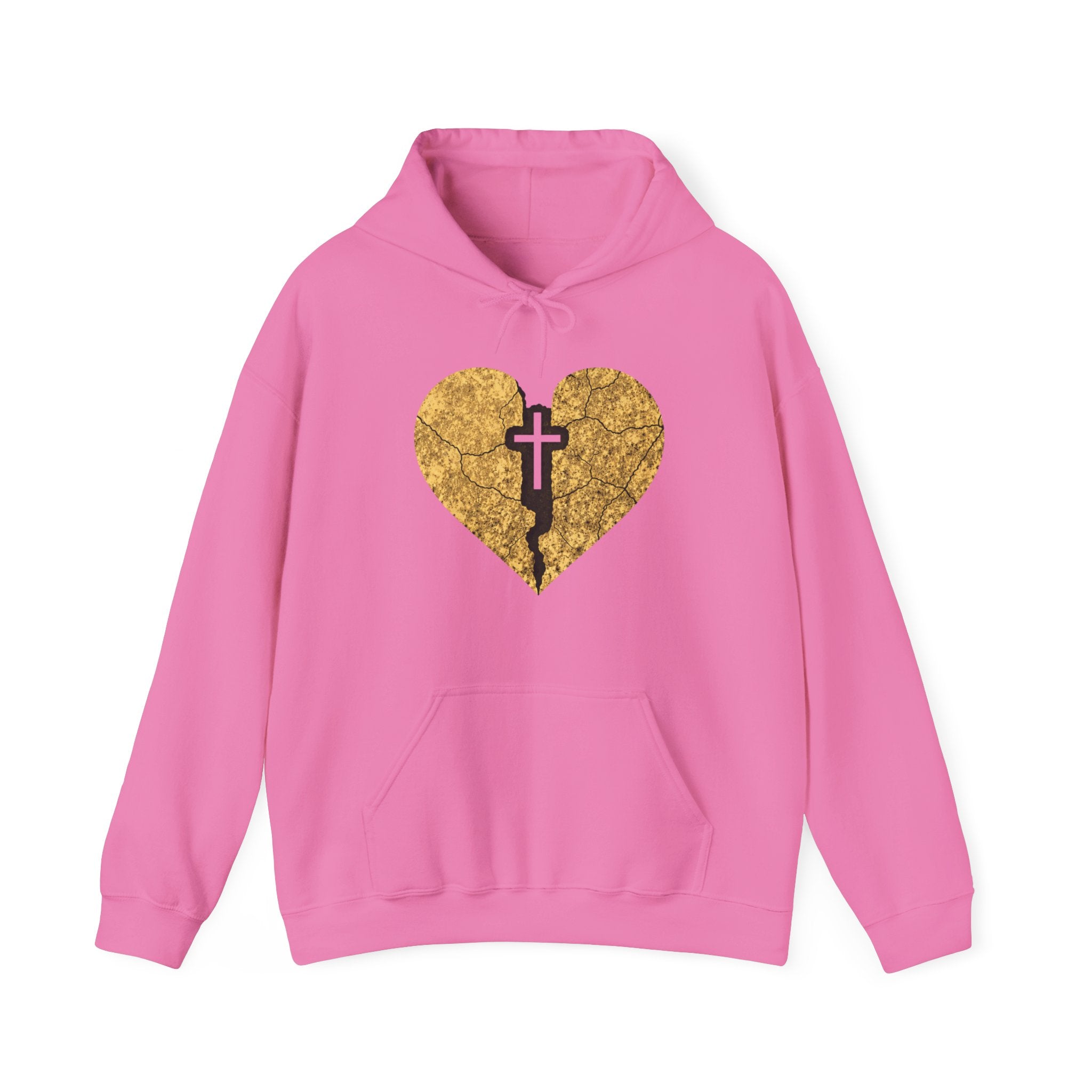 Mens Broken Gold Heart Cross Hoodie — Christian Faith Graphic Sweatshirt