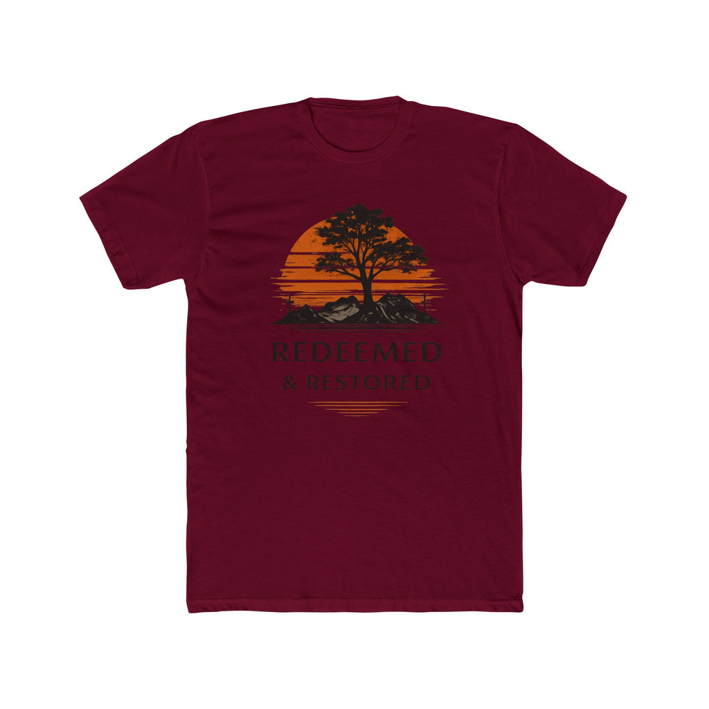 Redeemed & Restored Tee — Faith-Inspired Tree Sunset Graphic T-Shirt
