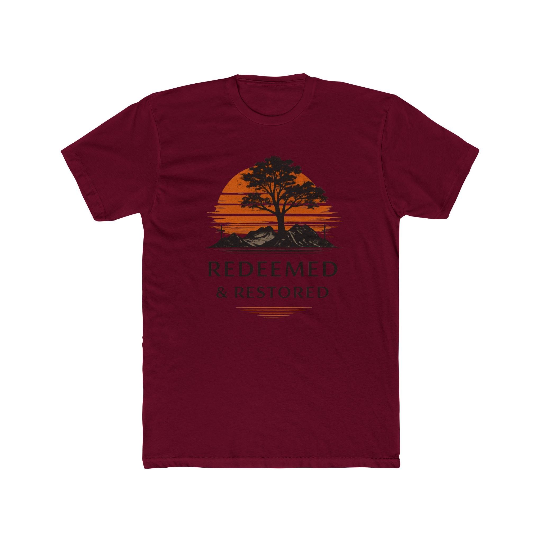 Redeemed & Restored Tee — Faith-Inspired Tree Sunset Graphic T-Shirt