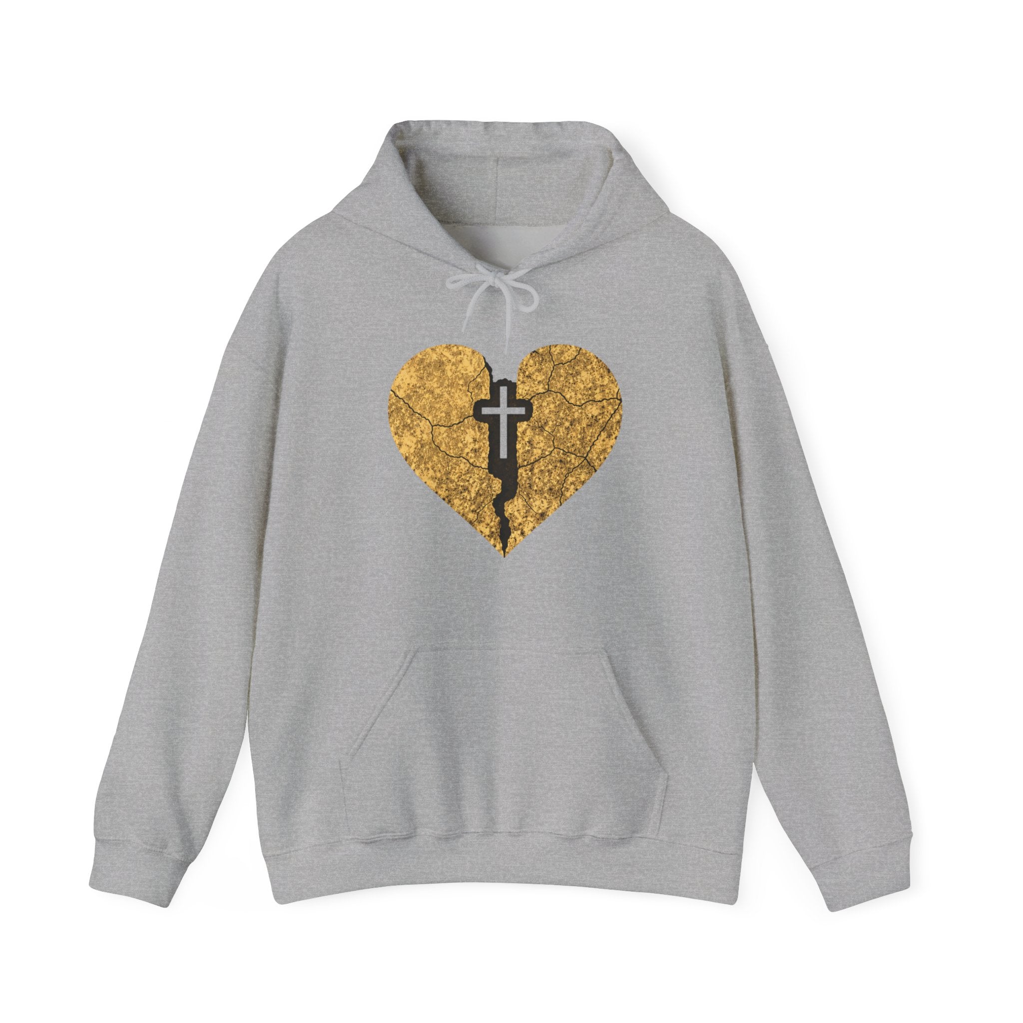 Mens Broken Gold Heart Cross Hoodie — Christian Faith Graphic Sweatshirt