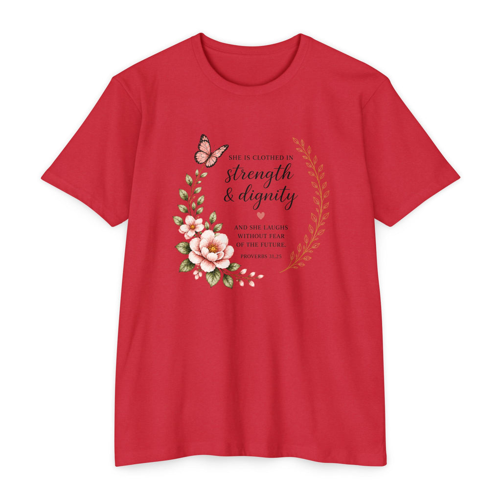 Womens Strength and Dignity Scripture Shirt | Floral Bible Verse Tee