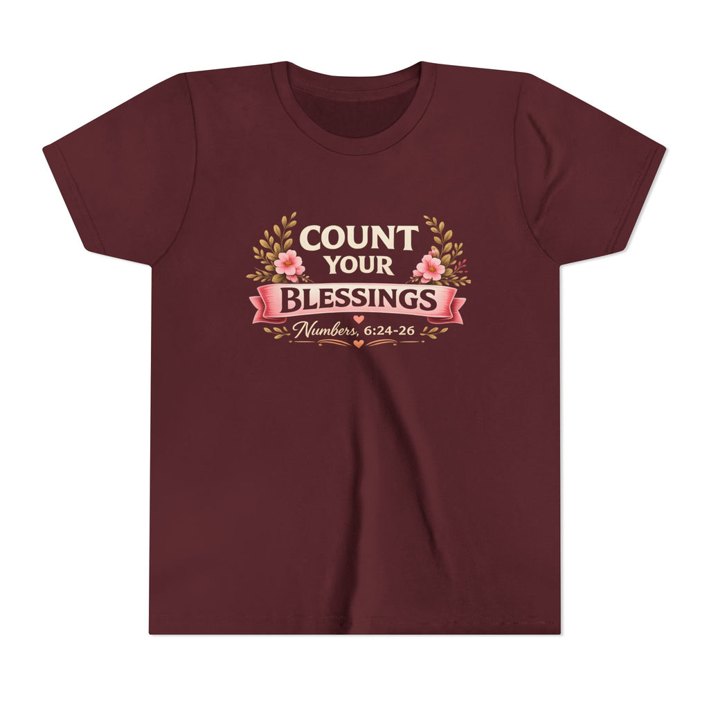Girls Youth Tee - "Count Your Blessings" Floral Scripture Kids Shirt (Numbers 6:24-26)
