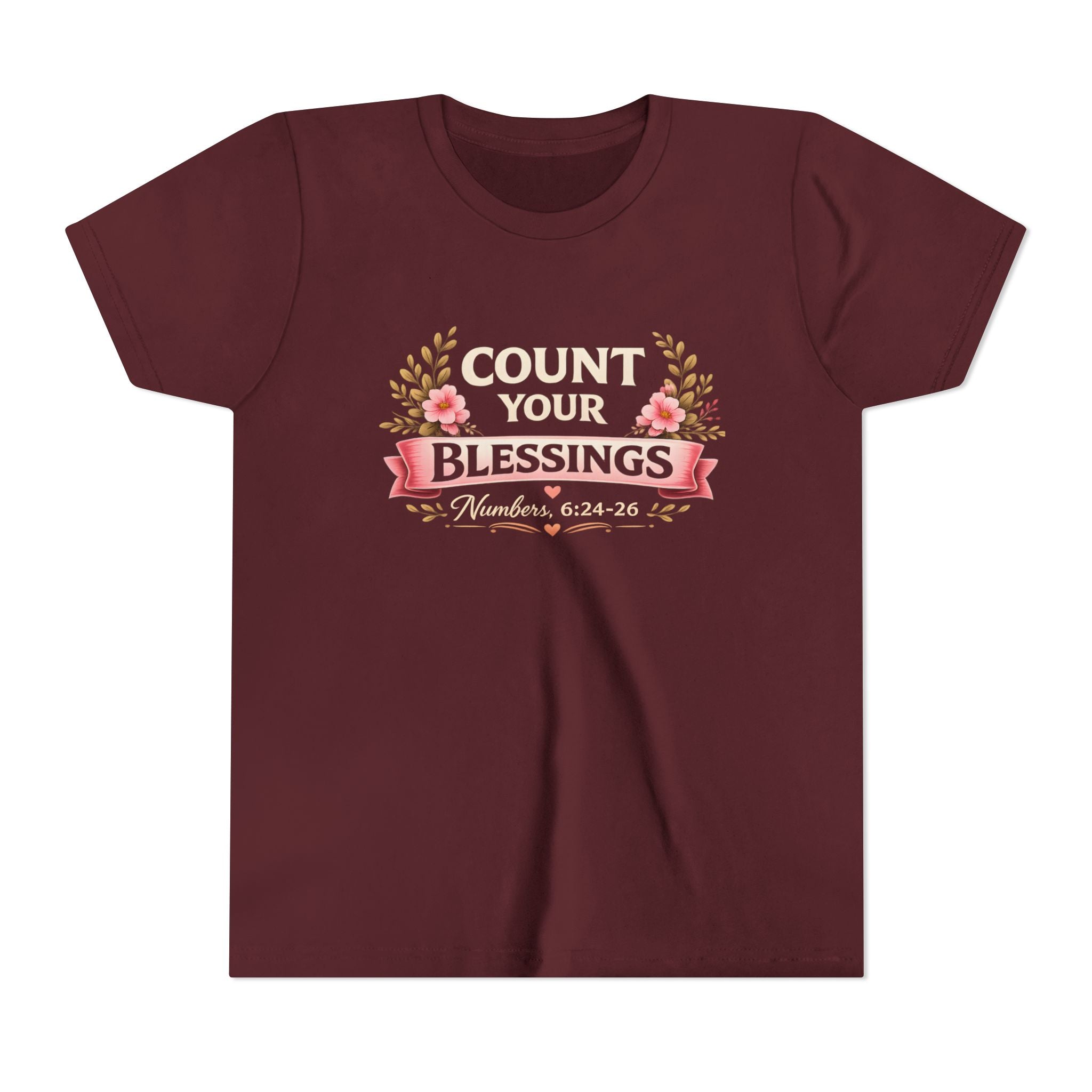 Girls Youth Tee - "Count Your Blessings" Floral Scripture Kids Shirt (Numbers 6:24-26)