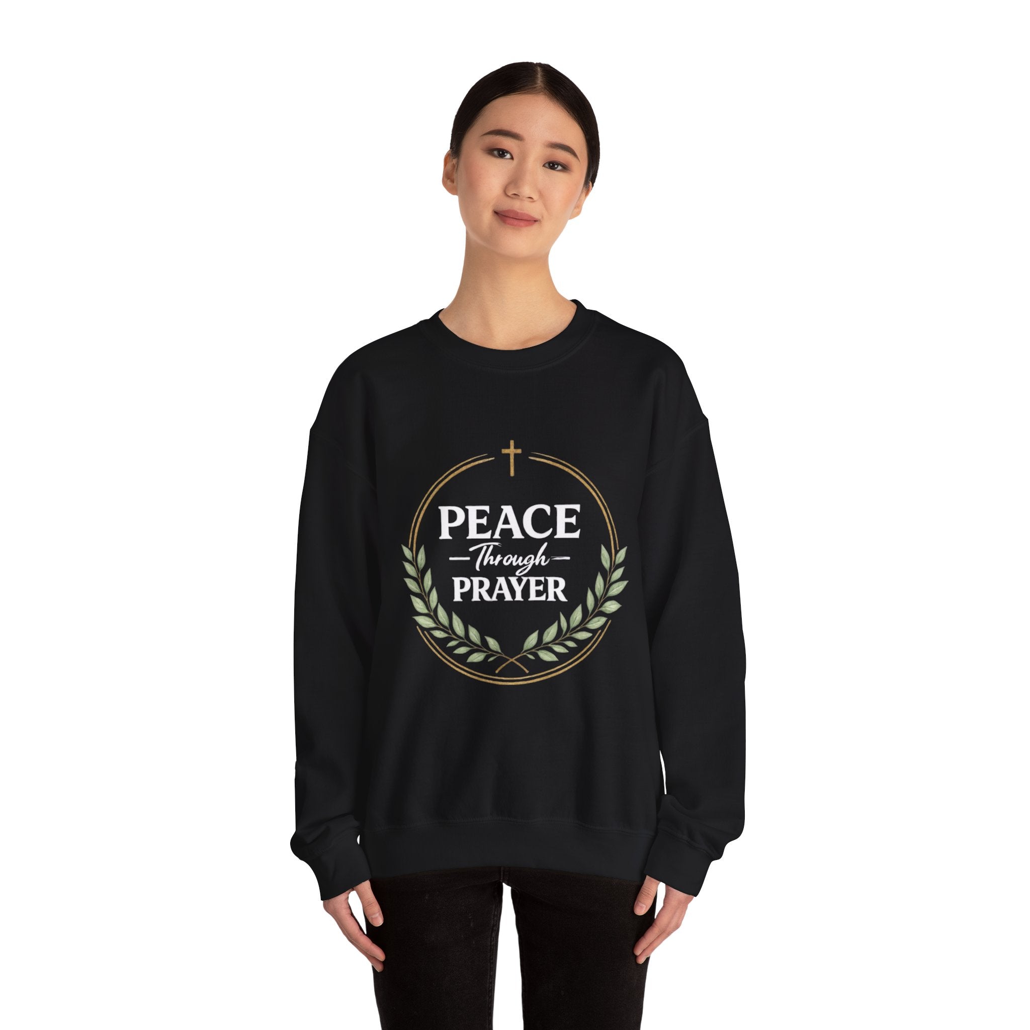 Womens Peace Through Prayer Crewneck Sweatshirt — Christian Faith Graphic Sweatshirt