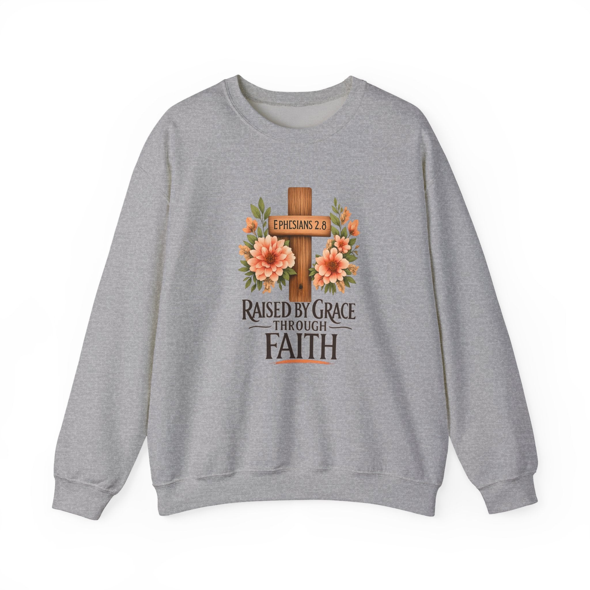 Faith Crewneck Sweatshirt — "Raised by Grace Through Faith" Floral Cross