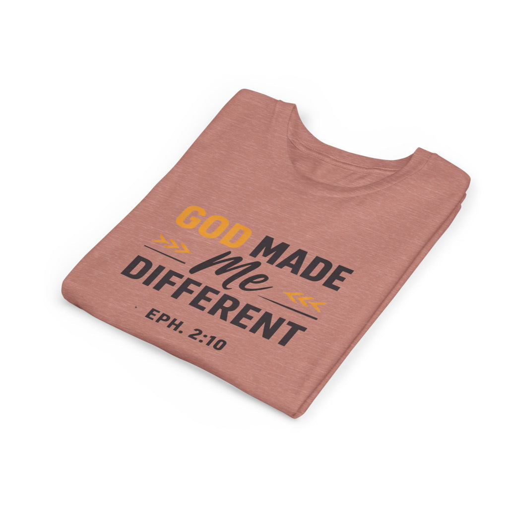 Girls Youth Tee – "God Made Me Different" Christian Kids T‑Shirt (Eph. 2:10)