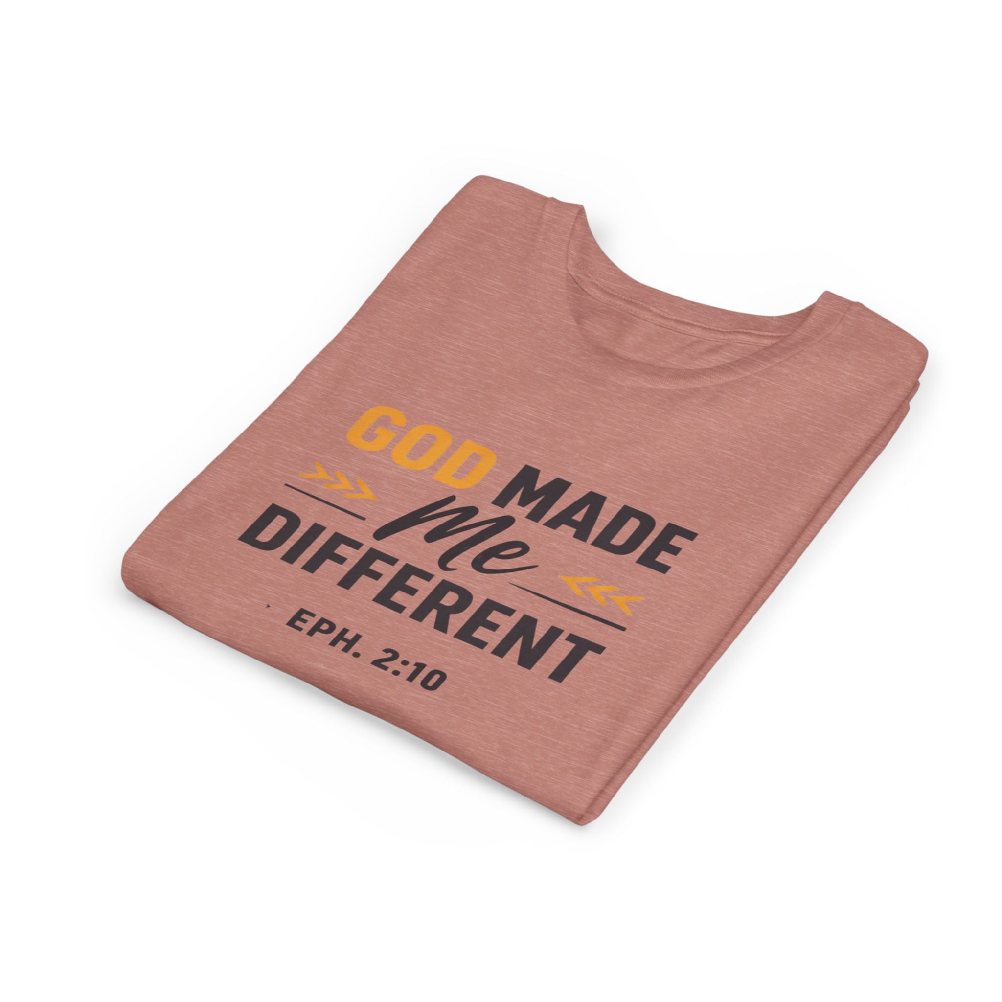 Girls Youth Tee – "God Made Me Different" Christian Kids T‑Shirt (Eph. 2:10)