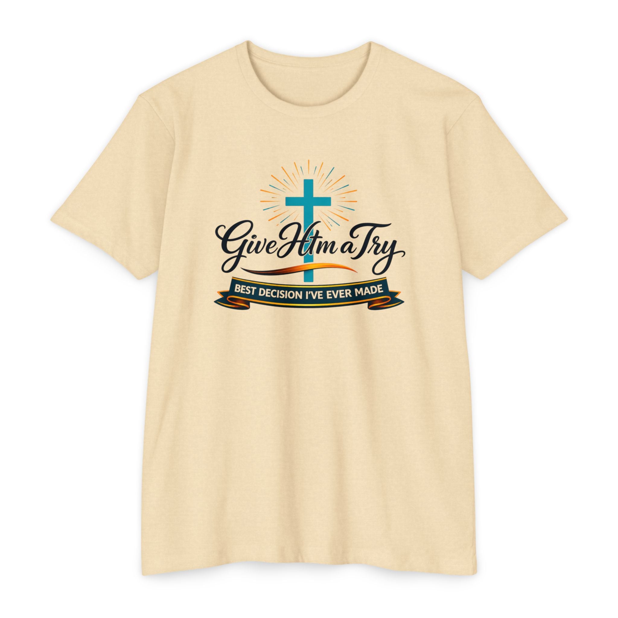 Womens Give Him a Try cross design T-Shirt | Christian faith shirt
