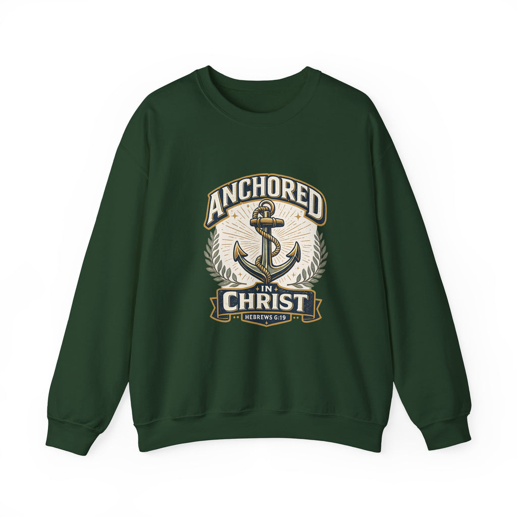 Womens Anchored in Christ Crewneck Sweatshirt — Christian Anchor Faith Pullover