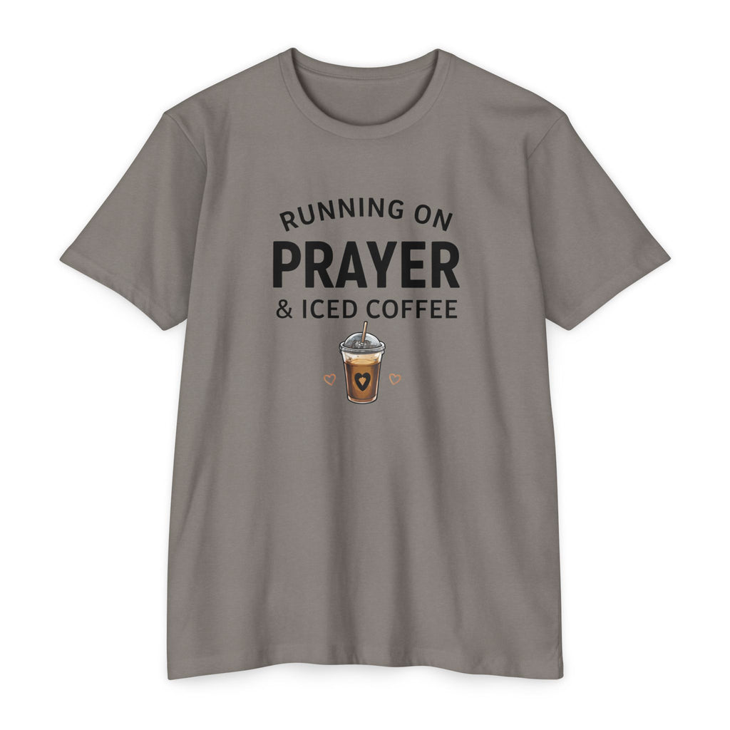 Prayer & Iced Coffee T-Shirt — "Running on Prayer & Iced Coffee" Christian Coffee Tee