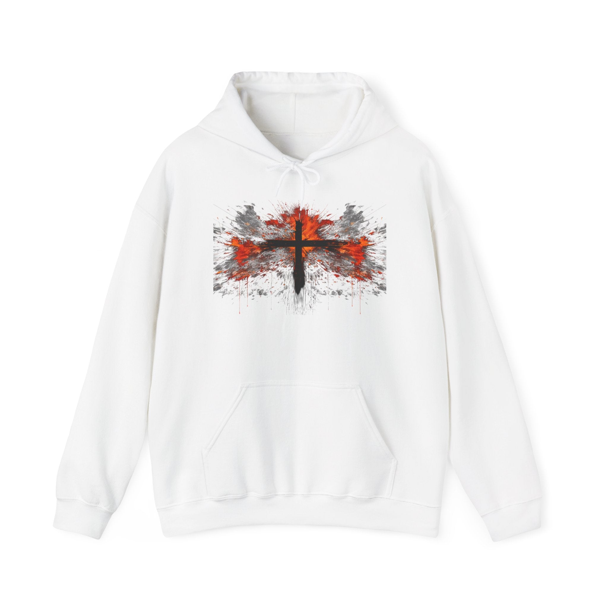 Mens Christian Cross Hoodie — Grunge Red & Black Faith Pullover