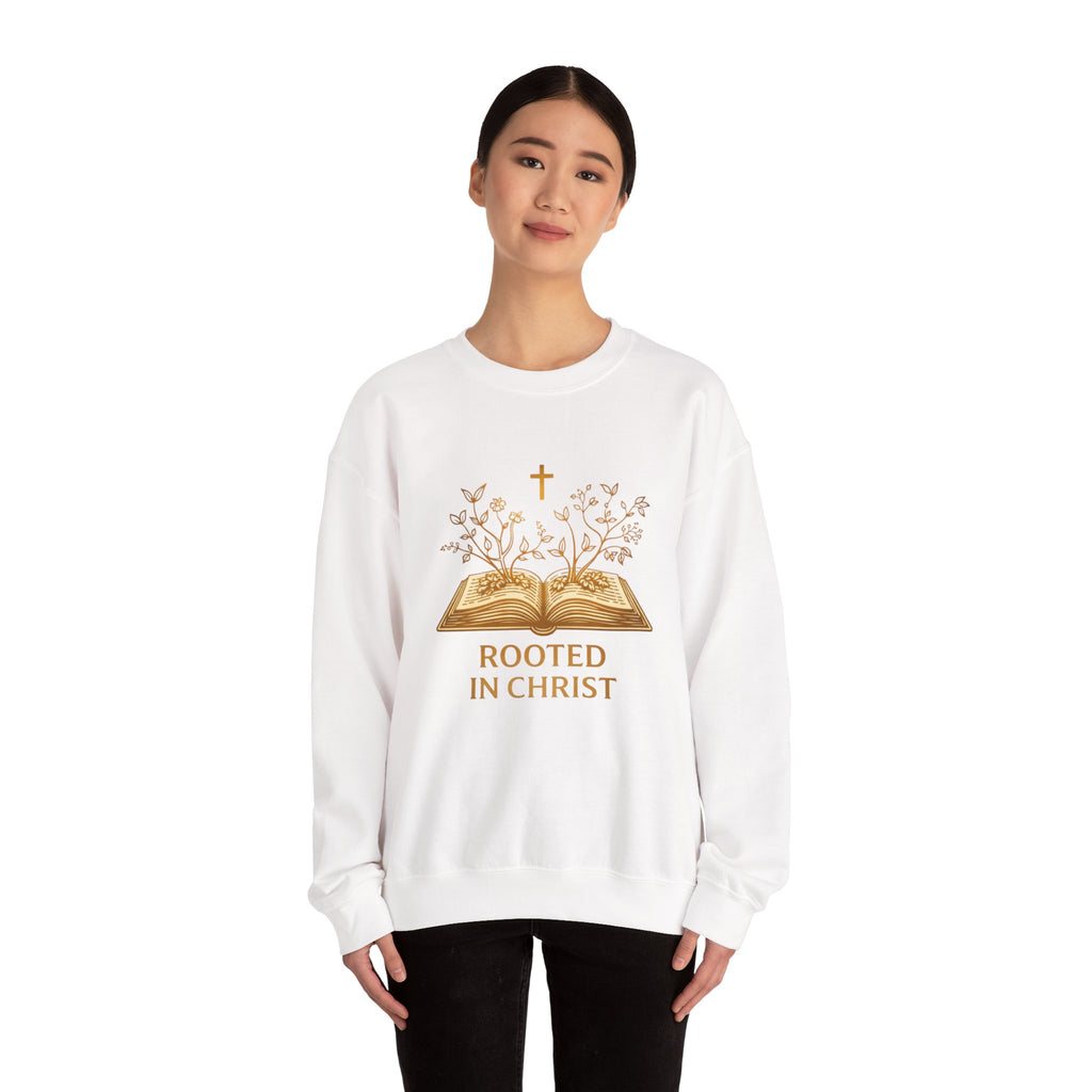 Womens Rooted in Christ Sweatshirt — Christian Faith Bible Graphic Crewneck