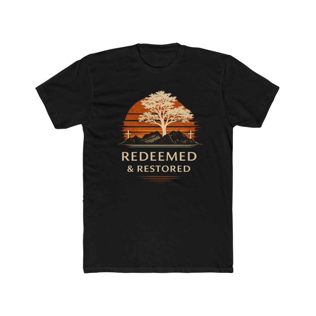 Redeemed & Restored Tee — Faith-Inspired Tree Sunset Graphic T-Shirt